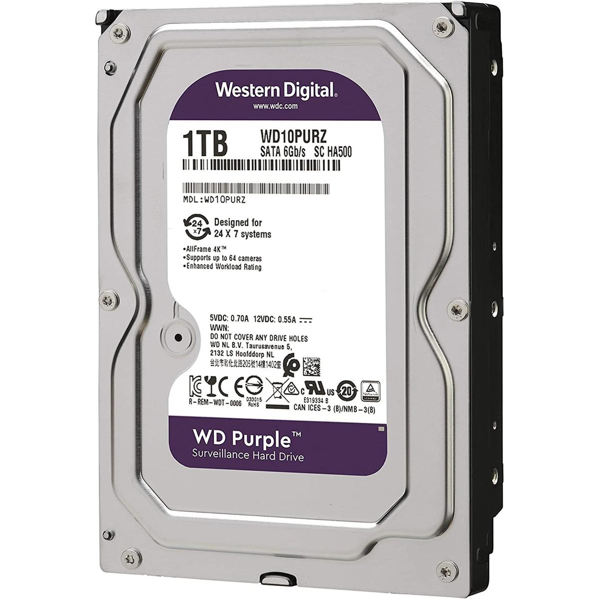 Eine Western Digital 1TB WD Purple Festplatte. Sie hat Text wie 'SATA 6Gb/s' und 'Surveillance Hard Drive'.