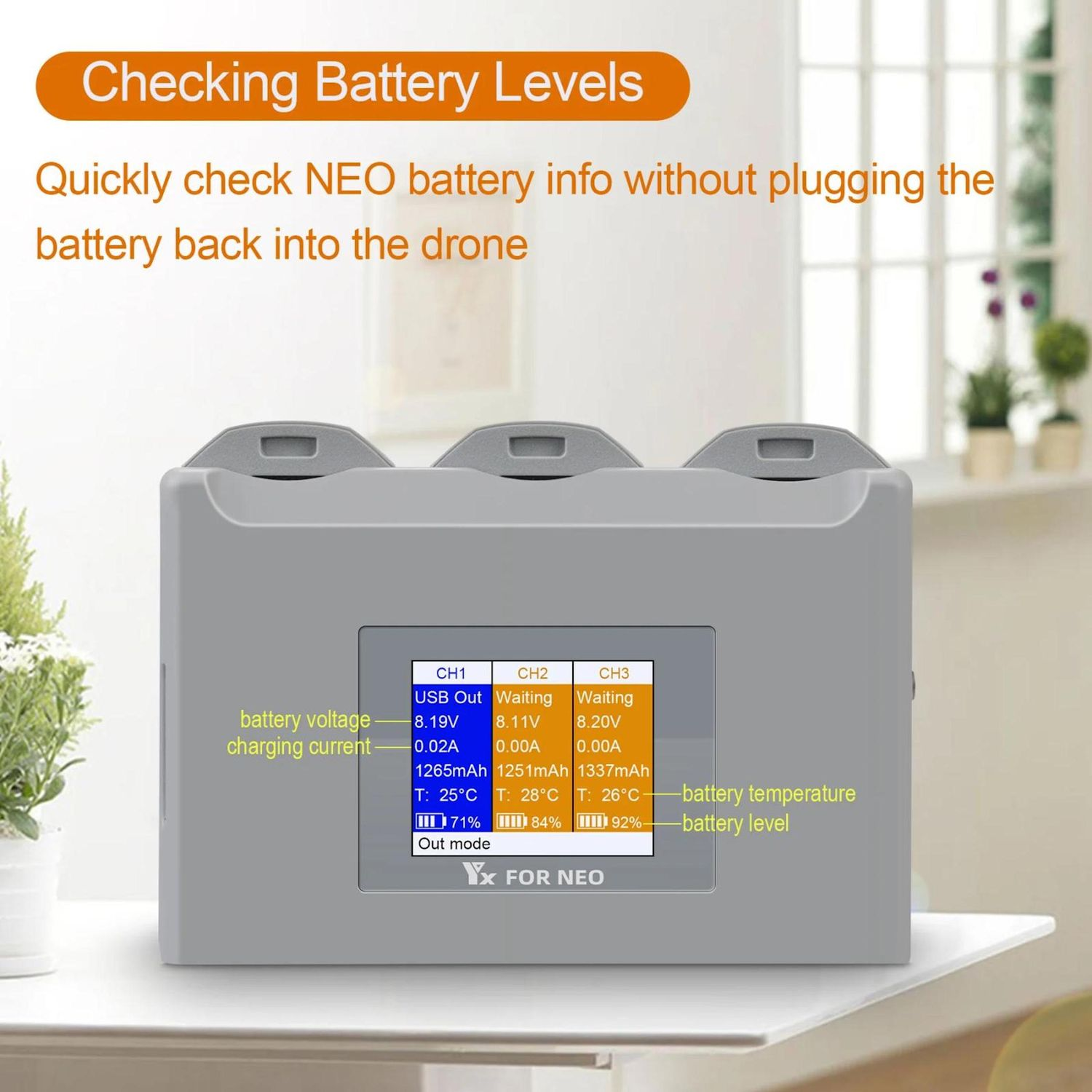 Un dispositivo mostra livelli e temperature della batteria. Il testo recita 'Controllo livelli batteria'. I dettagli includono tensione, corrente e livelli di carica.