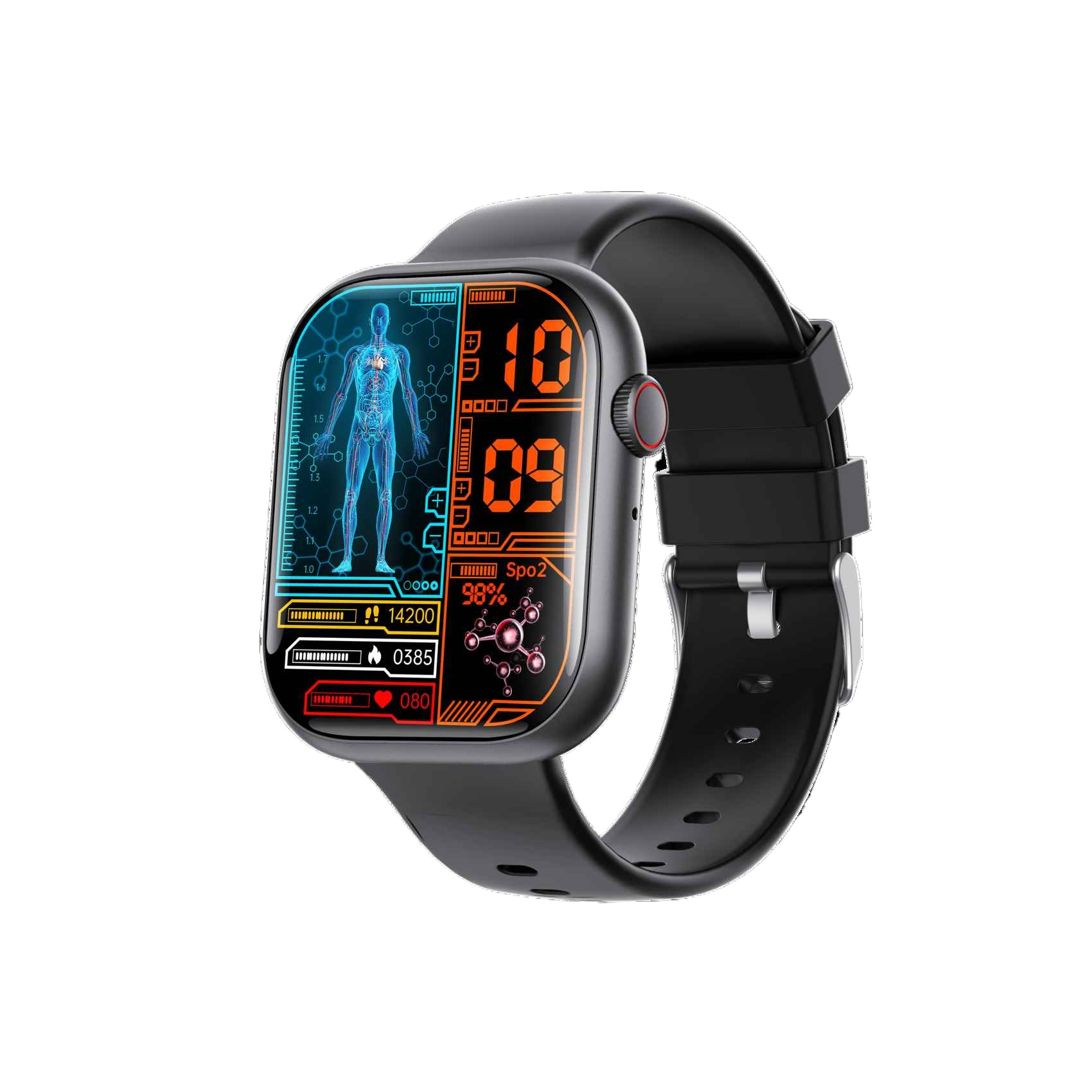 Eine schwarze Smartwatch zeigt Gesundheitsmetriken, darunter eine menschliche Figur, Zeit und SpO2-Werte vor weißem Hintergrund.