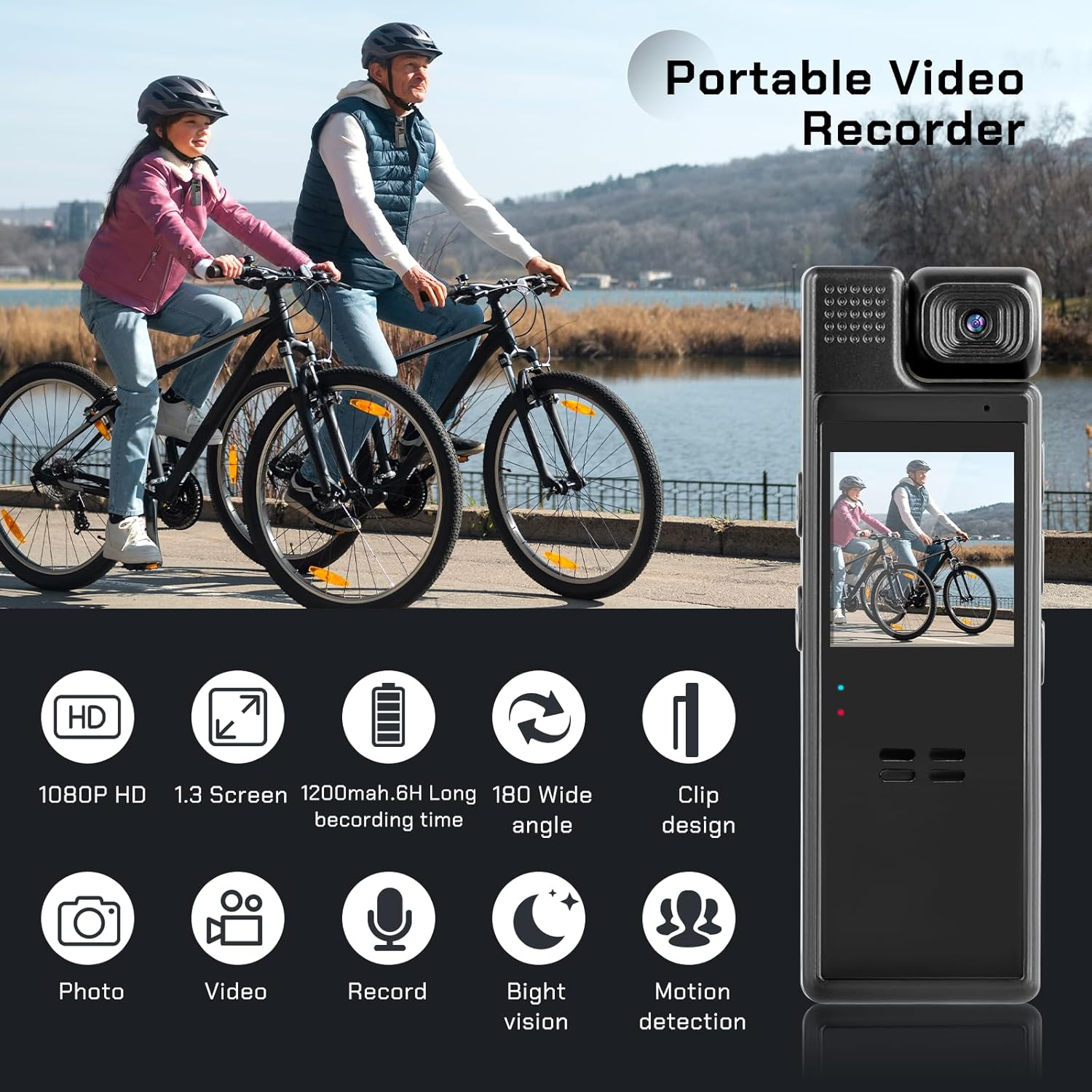 Zwei Personen fahren auf einem Weg Fahrrad, mit einem Videorekorder im Blick. Der Rekorder zeigt die Radfahrer und hat Funktionssymbole.