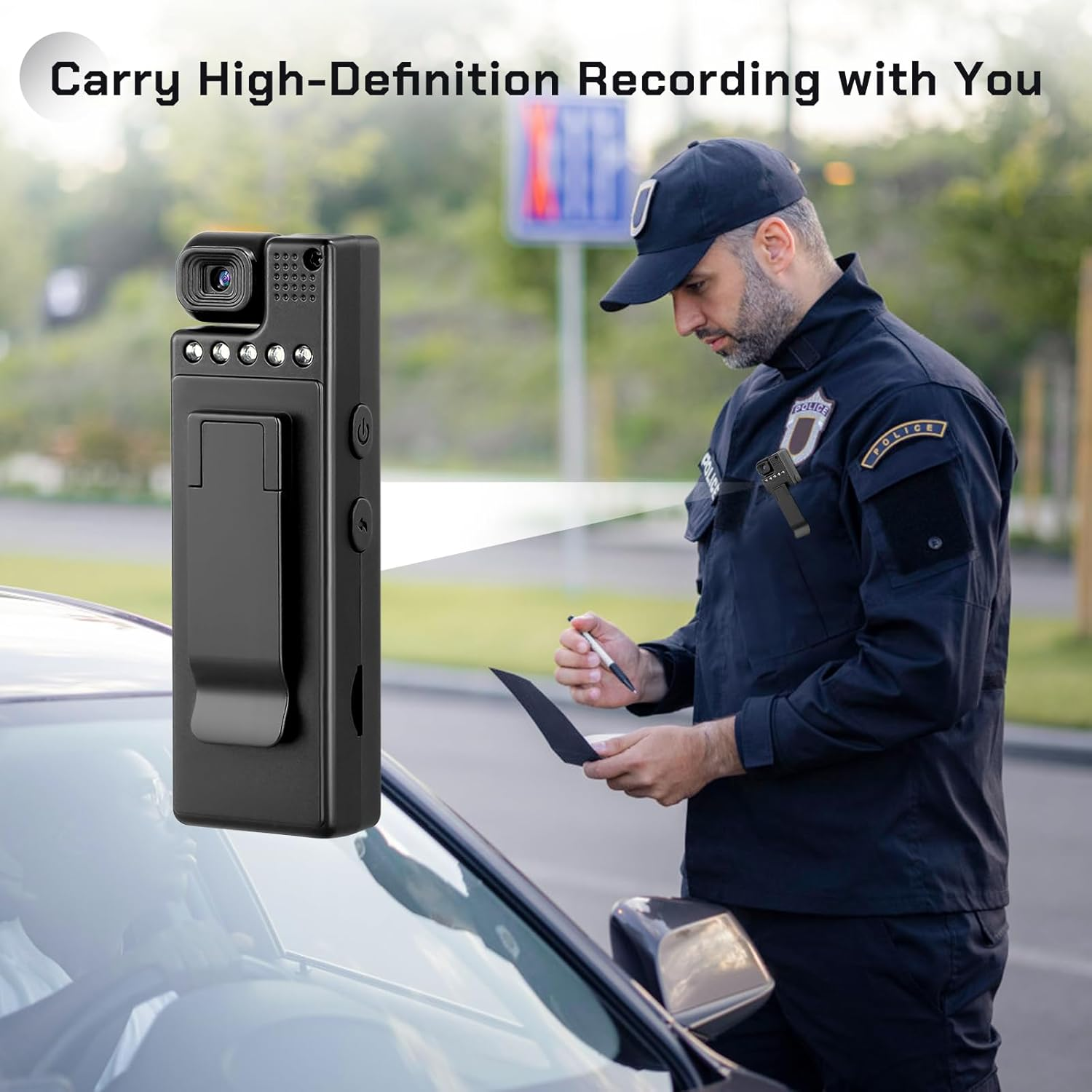 Ein Polizist in Uniform schreibt auf einen Notizblock. Ein schwarzes Aufnahmegerät ist an der Uniform befestigt. Ein Auto ist im Vordergrund.