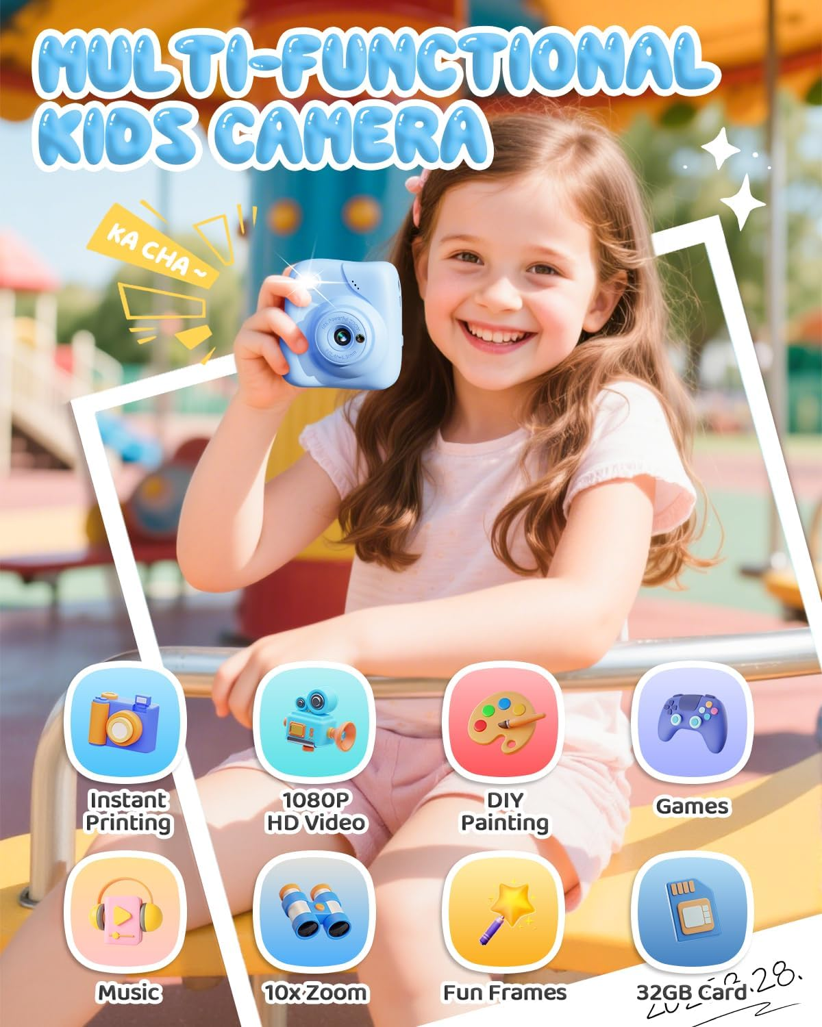 Ein lächelndes Mädchen hält eine blaue Kinderkamera. Text: 'MULTI-FUNCTIONAL KIDS CAMERA'. Symbole für Drucken, Video, Spiele, Musik, Zoom, Rahmen und Karte.