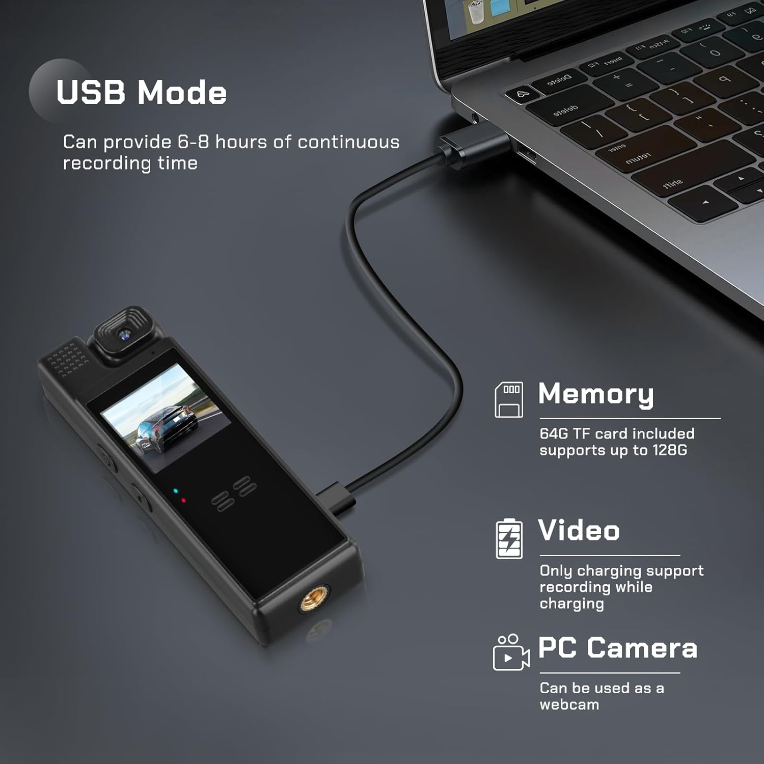 Ein schwarzes Gerät ist über USB mit einem Laptop verbunden. Das Gerät zeigt ein Autovideo an. Zu den Funktionen gehören Speicher, Video und PC-Kamera.