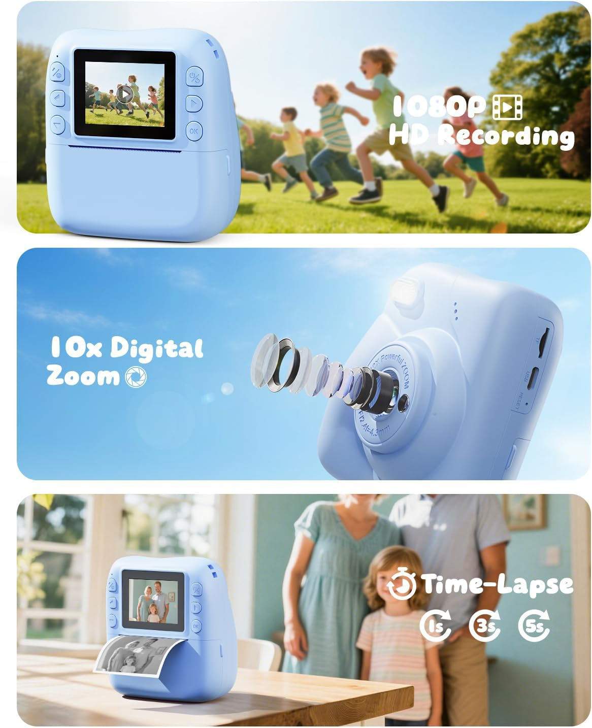 Eine hellblaue Sofortbildkamera mit einem Bildschirm, der ein Video von rennenden Kindern zeigt. Funktionen sind 1080P HD-Aufnahme und Zeitraffer.
