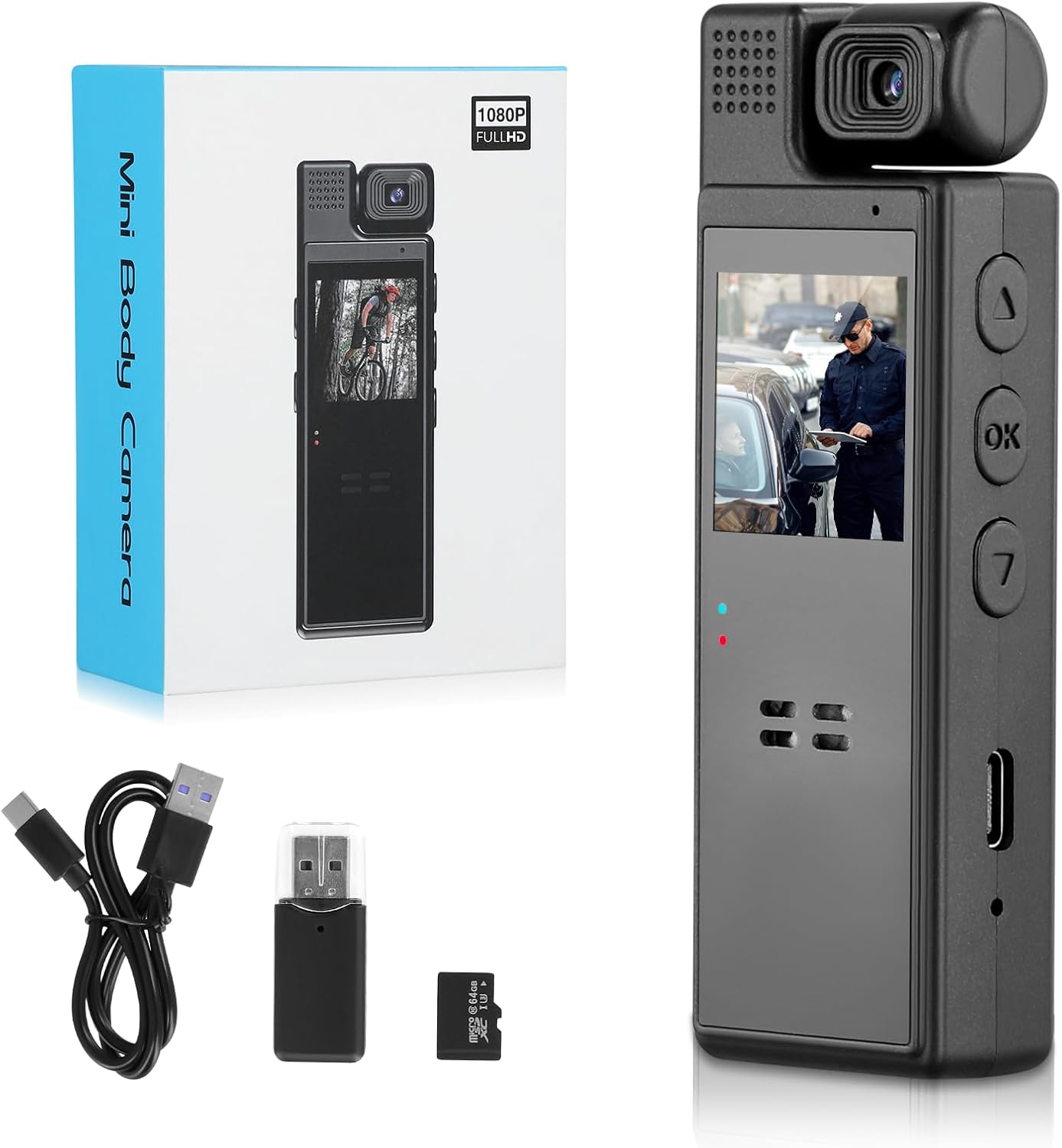 Eine schwarze Körperkamera mit Zubehör: USB-Kabel, Kartenleser und SD-Karte. Außerdem gibt es eine Box mit einem Kamera-Bild.