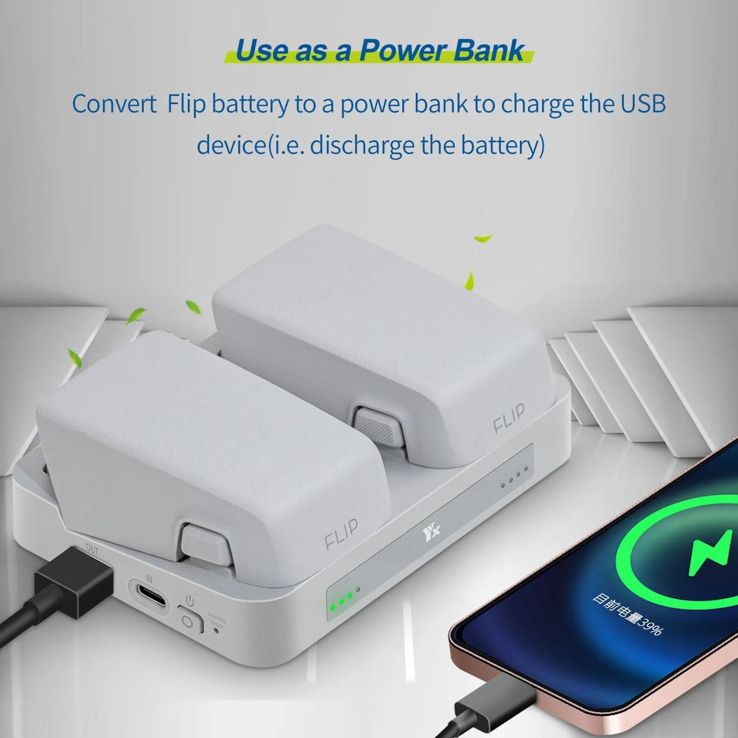 Una stazione di ricarica con due batterie, collegata a un telefono che mostra un'icona di ricarica e una percentuale. Testo: 'Usa come Power Bank'.