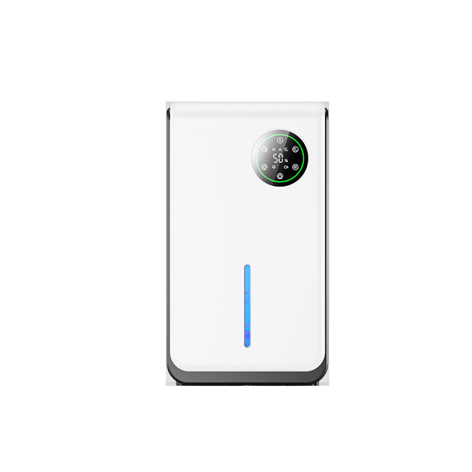 Ein weißer Luftreiniger mit digitaler Anzeige, die '50%' anzeigt und ein blaues Licht hat. Er hat einen schwarzen Sockel und ein grün beleuchtetes Display.