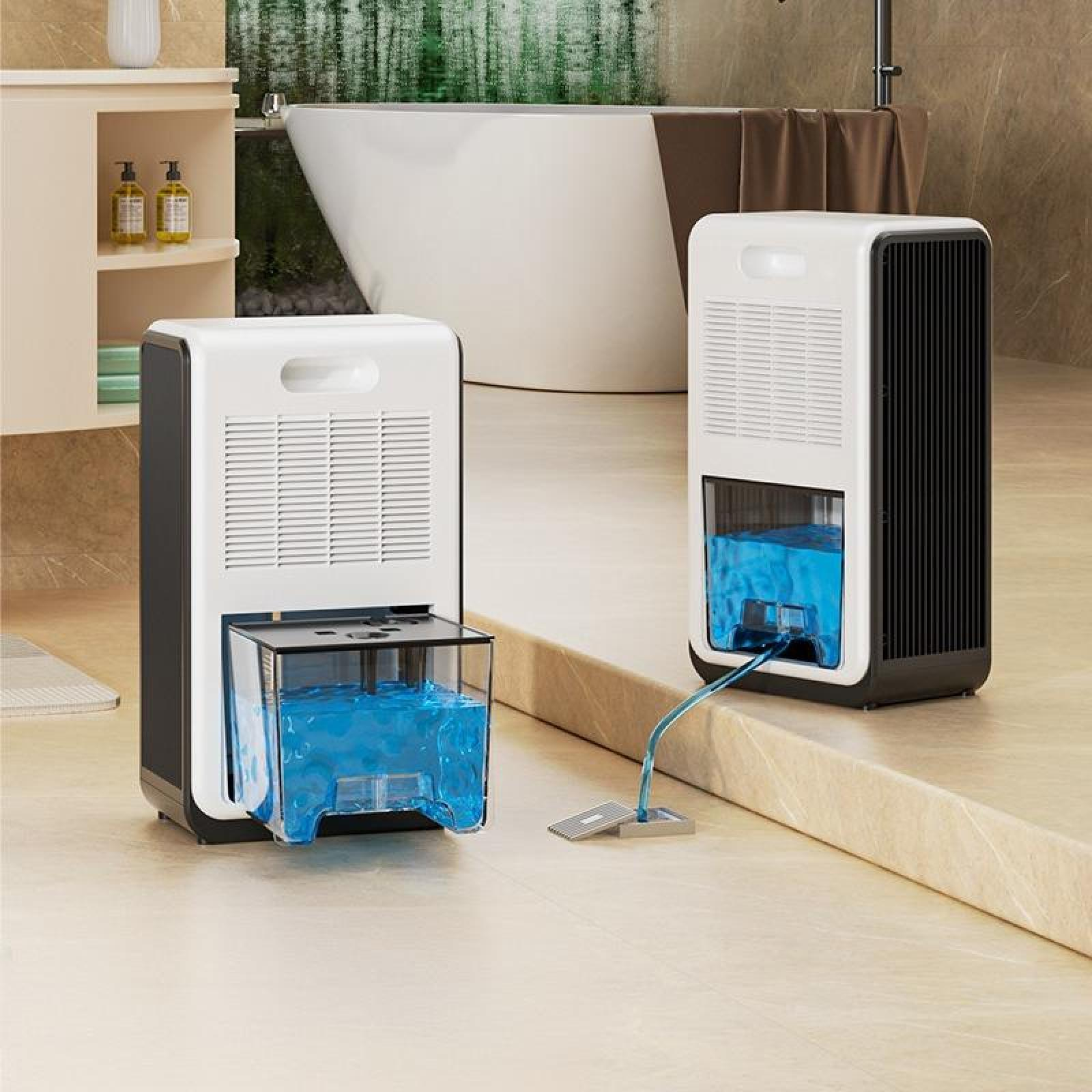 Zwei Luftentfeuchter in einem Badezimmer, einer mit Wassertank, der andere mit Schlauch. Hintergrund: Badewanne, Regal.