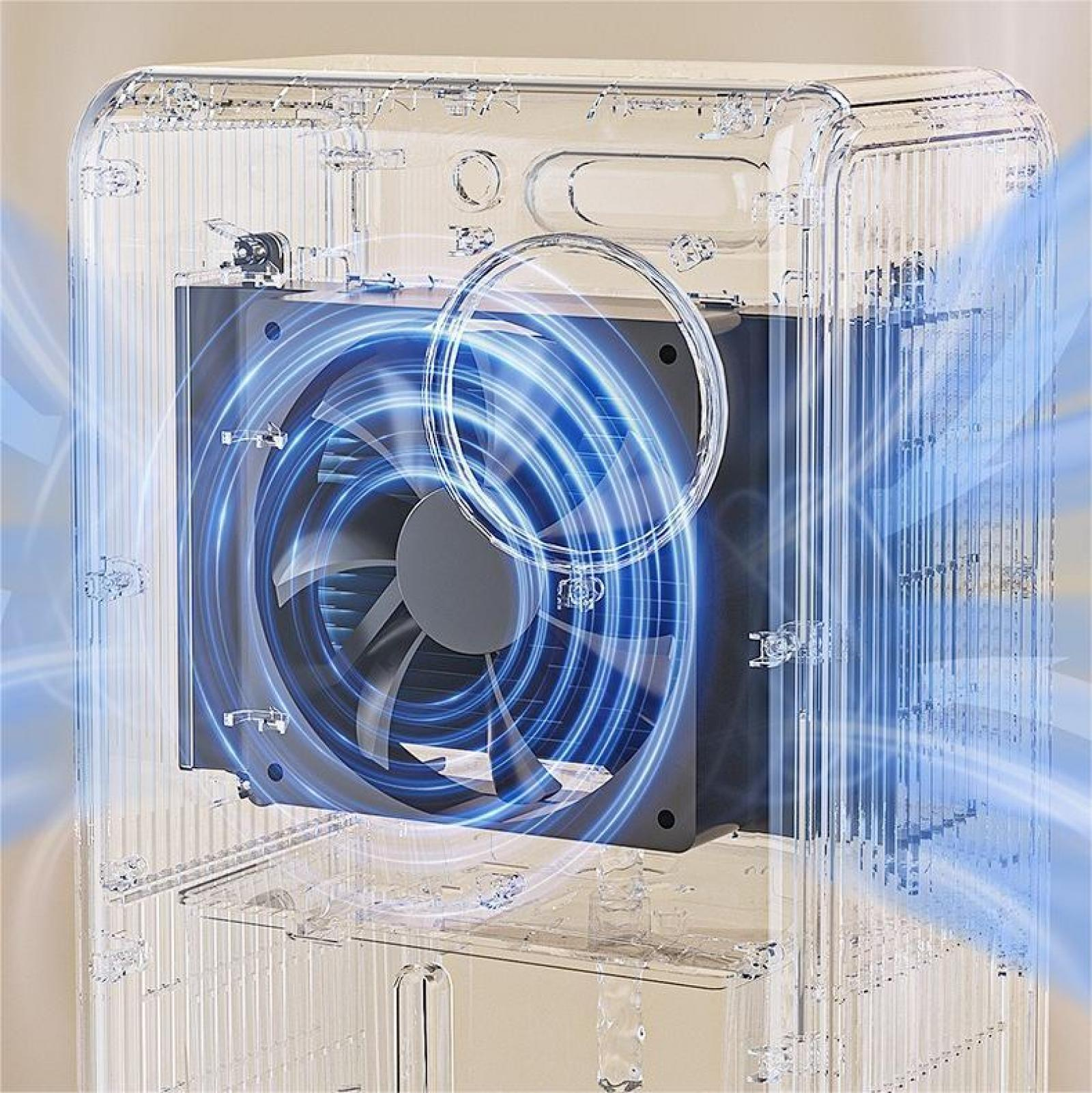 Ein transparenter Luftreiniger mit einem Ventilator und blauen Luftstromlinien. Der Ventilator ist schwarz, das Gehäuse klar.