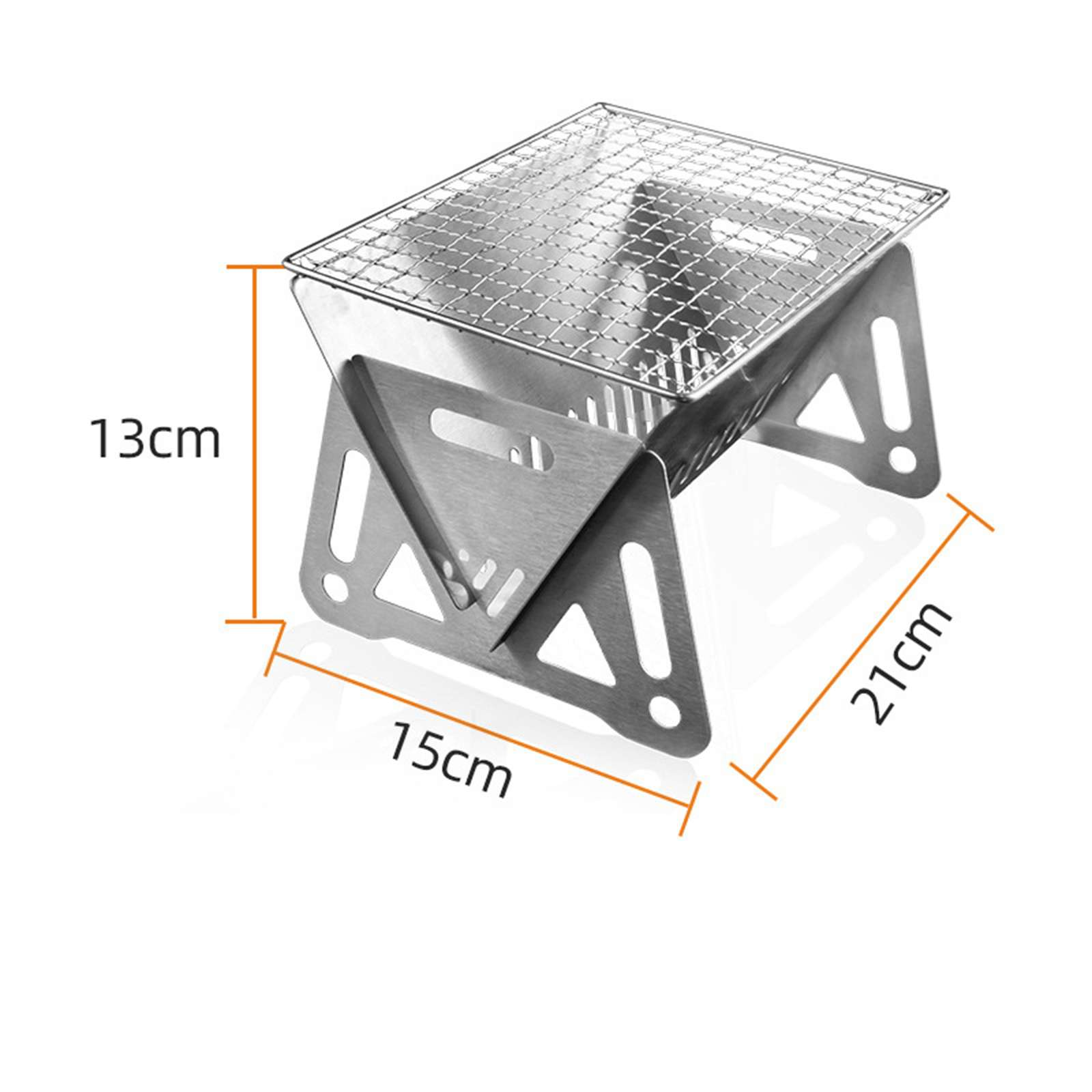 Ein kleiner, zusammenklappbarer Metall-Grill mit den Maßen 13 cm, 15 cm und 21 cm. Er befindet sich auf weißem Hintergrund.