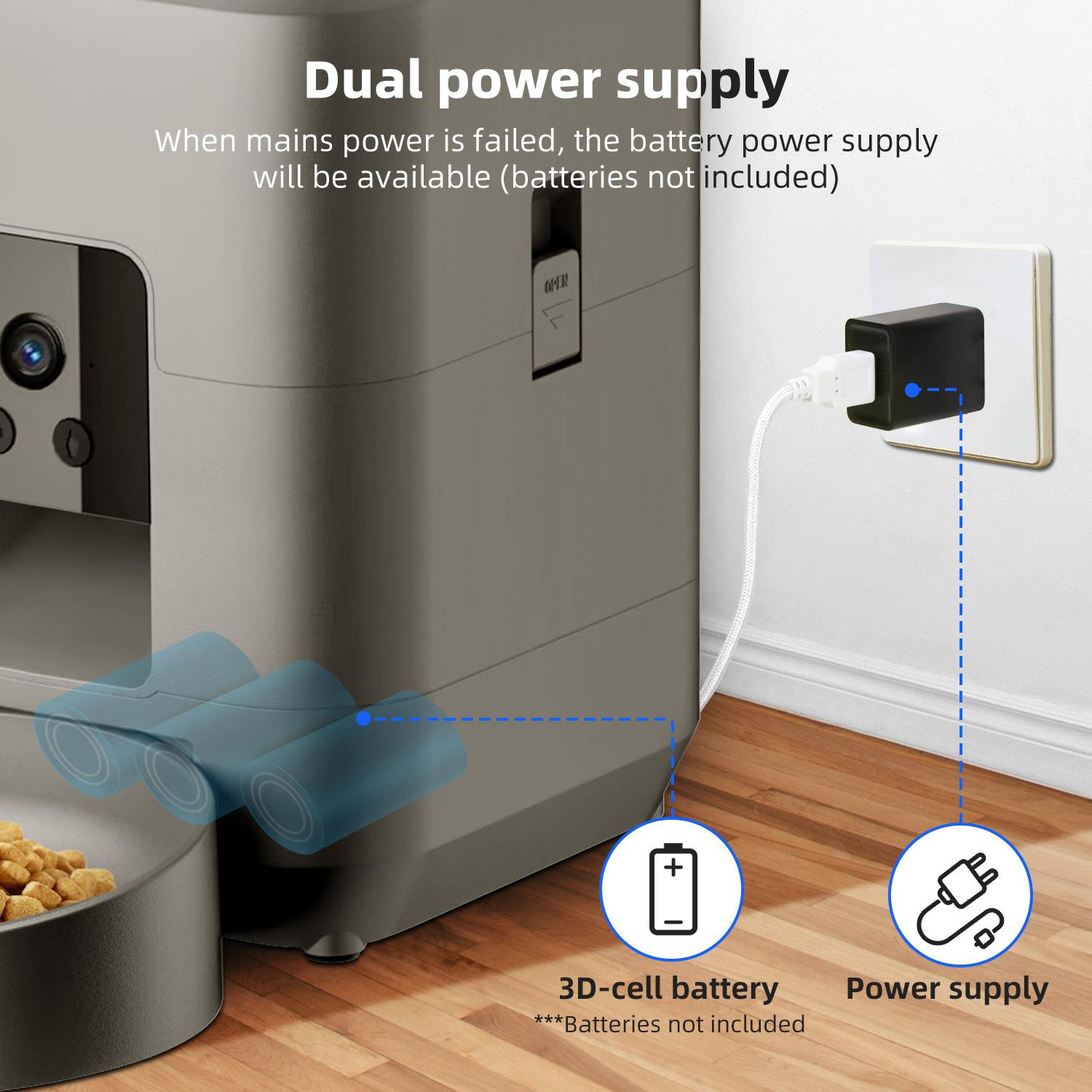 Das Bild zeigt ein Dual-Netzteil. Es umfasst einen Netzadapter, eine 3D-Zellenbatterie und einen Tierfutterautomaten. Text besagt, dass Batterien nicht enthalten sind.
