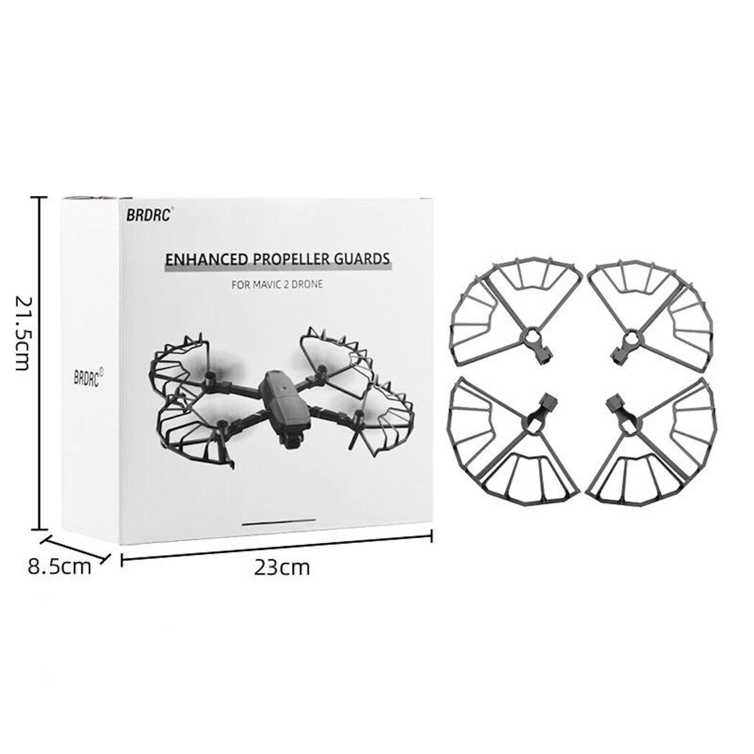 Una scatola bianca con dimensioni, nome del prodotto 'Enhanced Propeller Guards' e protezioni per eliche di droni neri staccate.