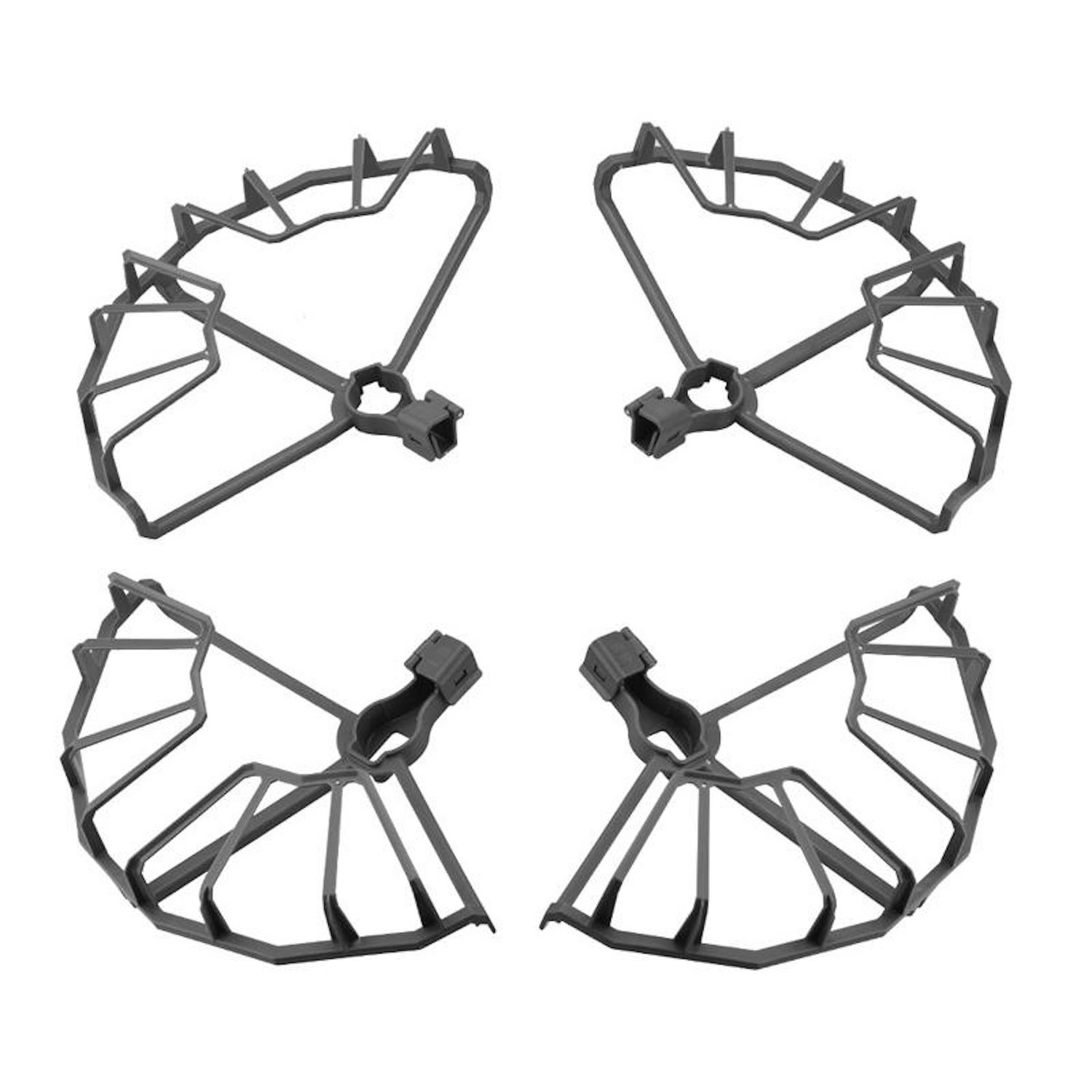 Quattro protezioni per eliche di droni grigie disposte a quadrato. Ogni protezione ha un design intricato con bracci e un mozzo centrale.