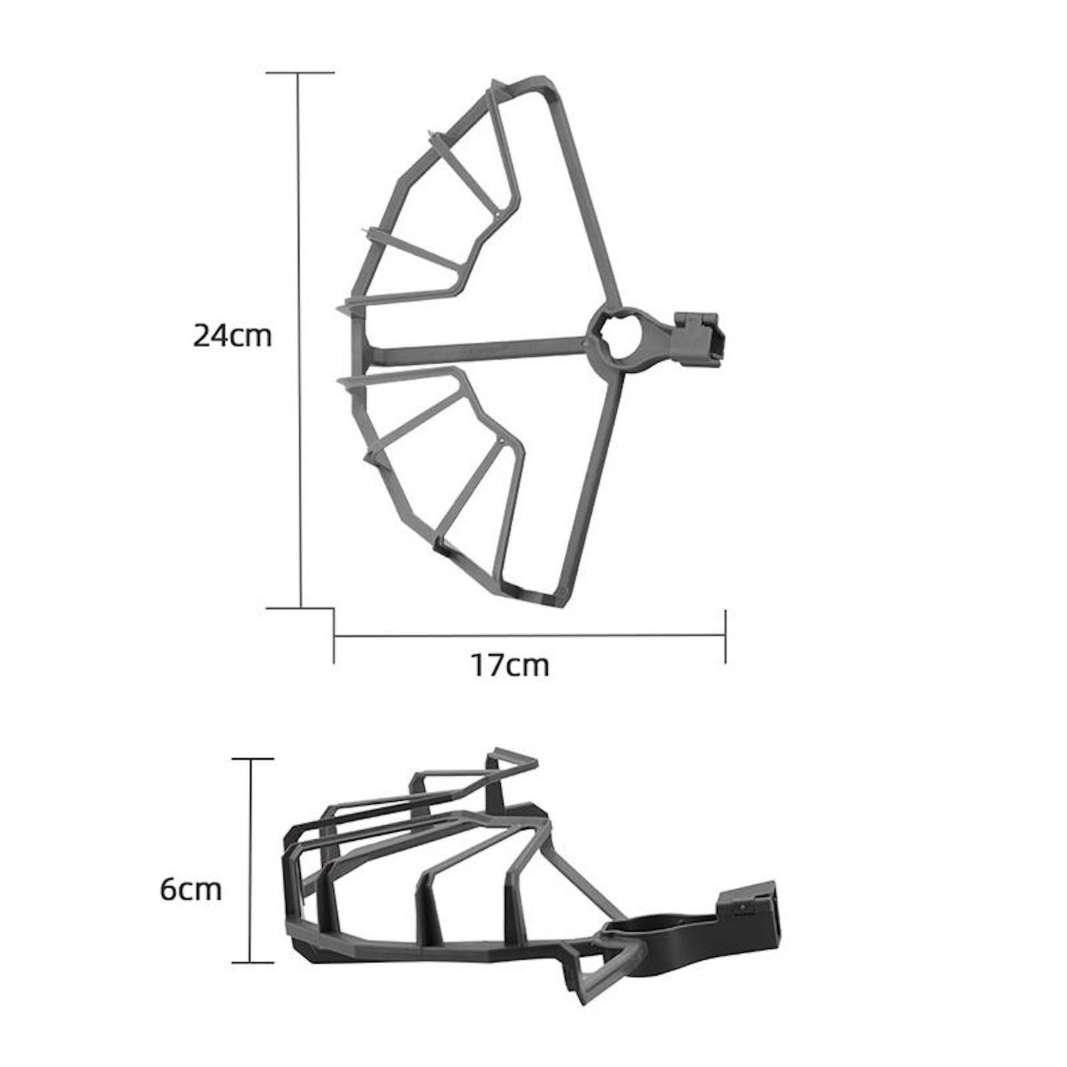Una protezione per elica di drone grigia, con dimensioni: 24 cm di altezza, 17 cm di larghezza e una vista laterale di 6 cm di altezza.