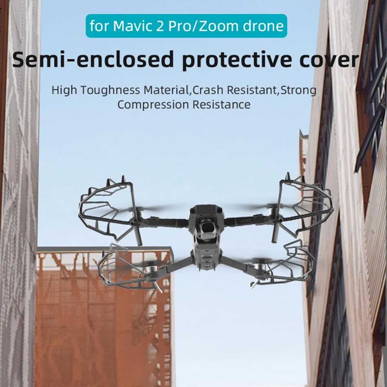 Un drone con protezioni viene mostrato contro uno sfondo di cielo ed edificio. Il testo in alto recita 'for Mavic 2 Pro/Zoom drone'.