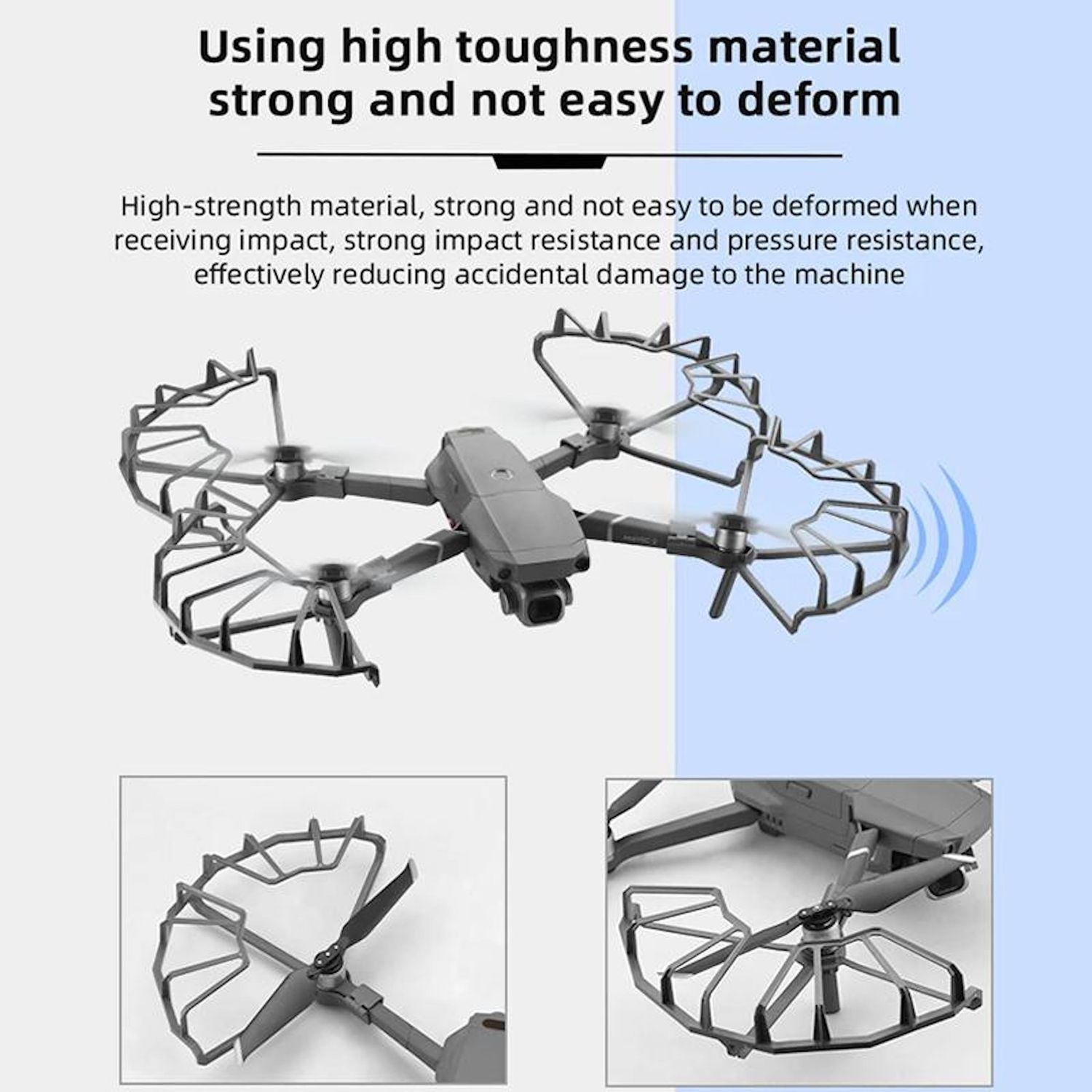 Un drone grigio con protezioni per eliche è mostrato. Il testo in alto dice 'Utilizzo di materiale ad alta resistenza' e 'forte e non facile da deformare'.