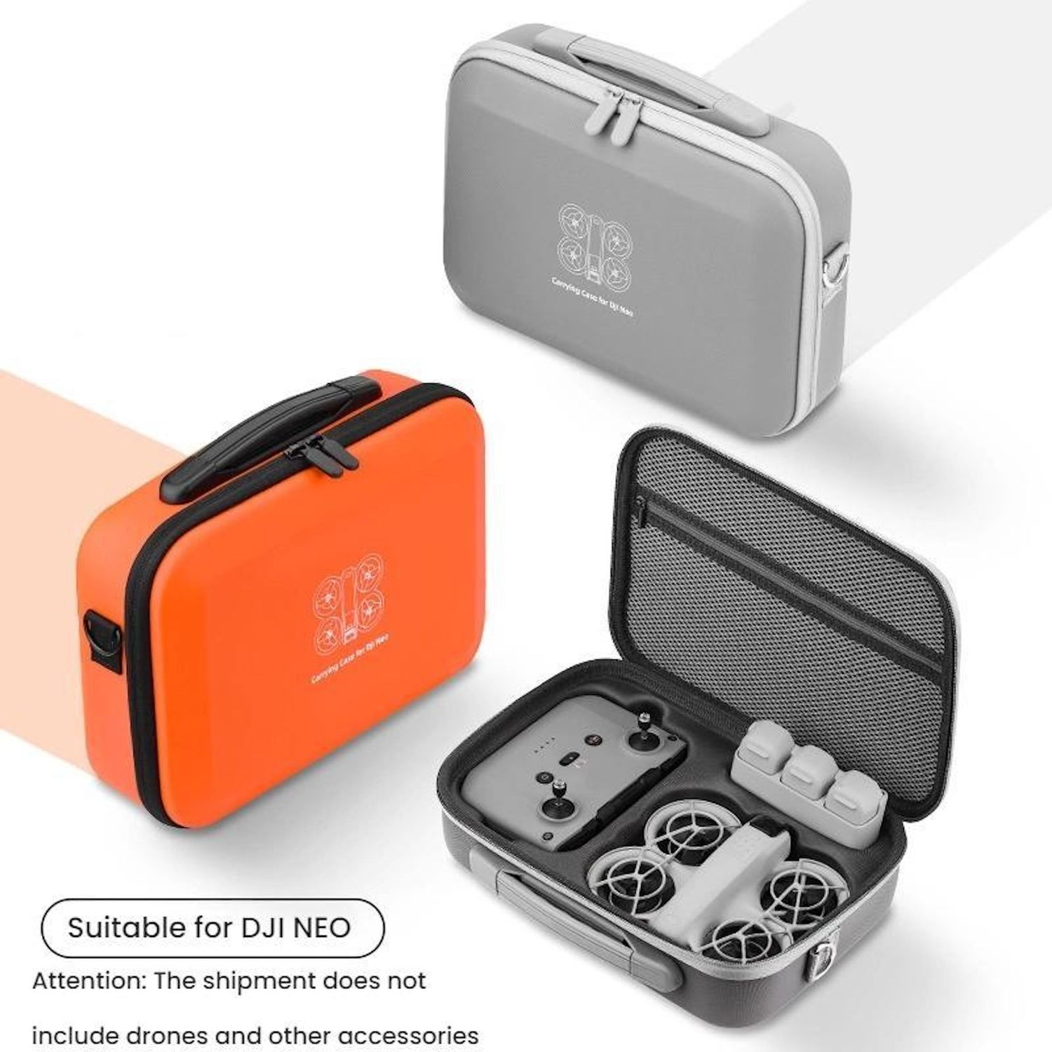 Das Bild zeigt drei Drohnenkoffer. Einer ist geöffnet und zeigt eine Drohne und Zubehör. Die anderen beiden sind geschlossen, einer orangefarben und einer grau, mit Logos.
