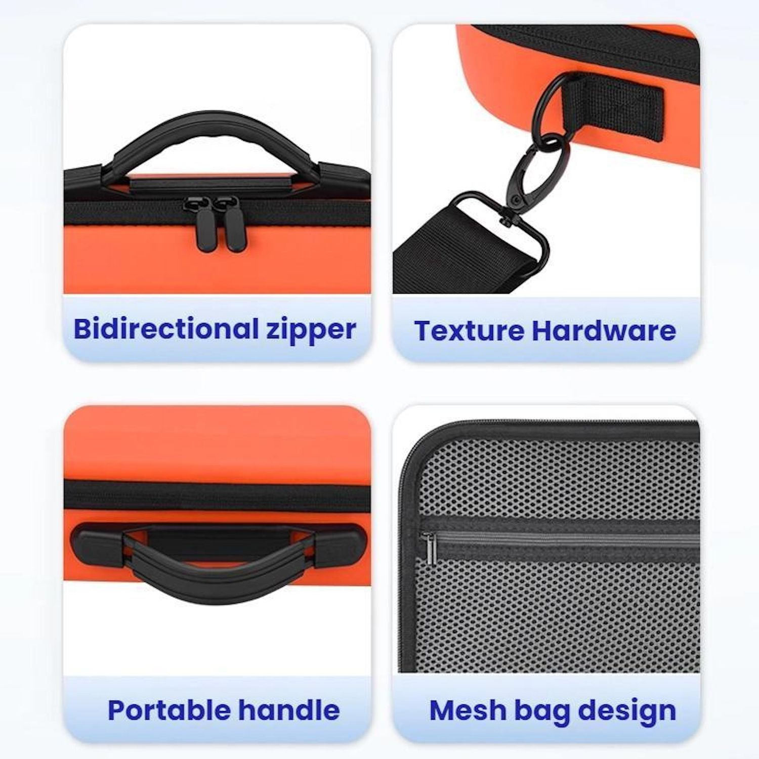 Orangener Koffer mit schwarzem Reißverschluss, Griff und Gurtbeschlägen. Merkmale sind ein bidirektionaler Reißverschluss, Texturhardware und Mesh-Taschen-Design.