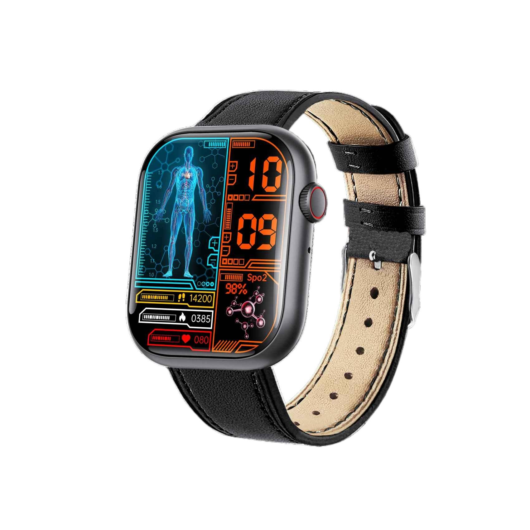 Eine Smartwatch mit schwarzem Lederarmband zeigt Gesundheitsdaten und Uhrzeit an. Der Bildschirm zeigt eine menschliche Figur, Zahlen und Gesundheitsmetriken.