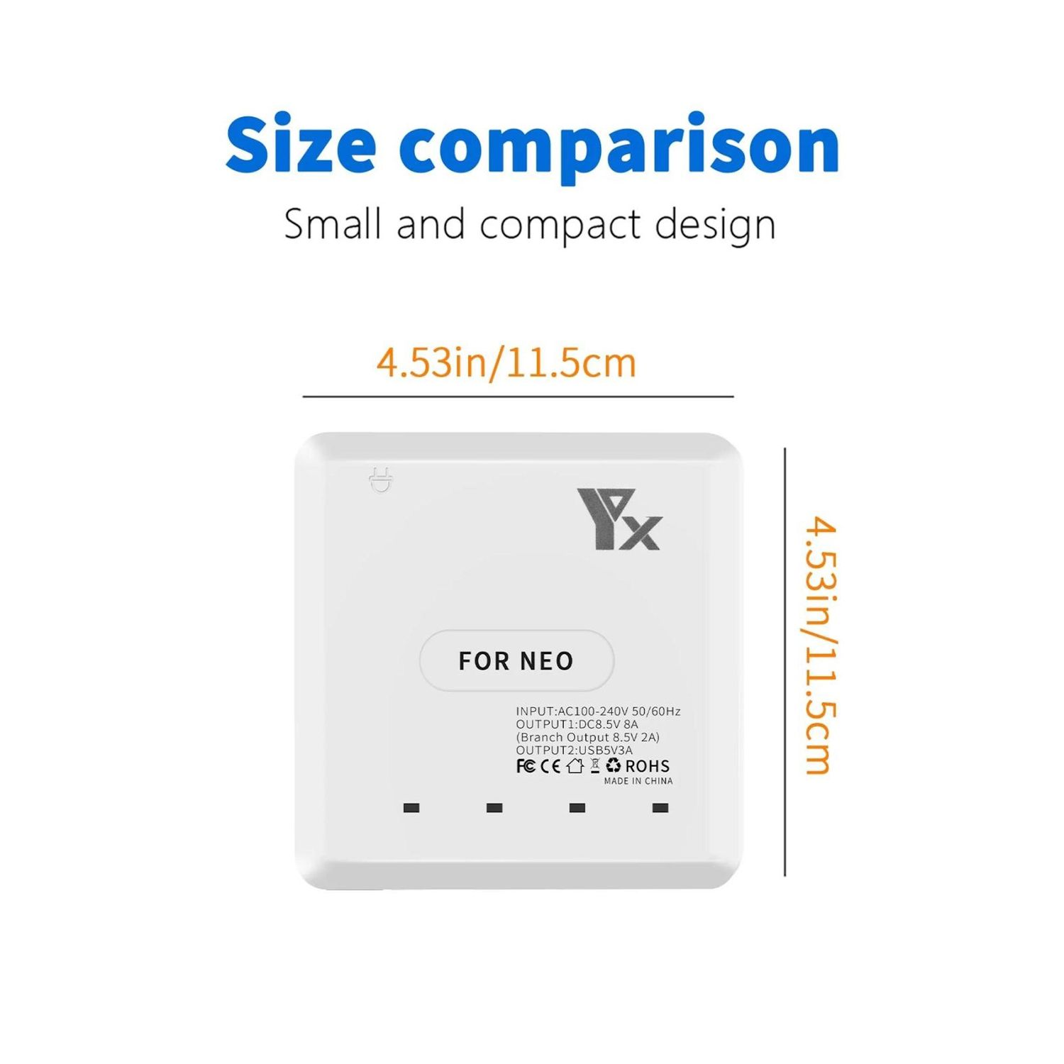 Un dispositivo bianco con l'etichetta 'FOR NEO', con dimensioni. Il testo sopra dice 'Confronto dimensioni' e 'Design piccolo e compatto'.