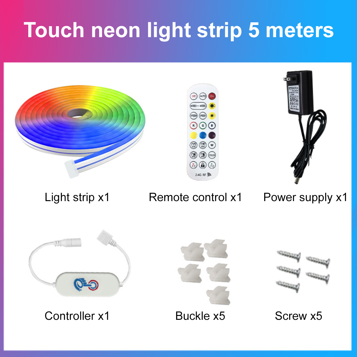 Das Bild zeigt ein Neon-Lichtstreifen-Set. Enthält Lichtstreifen, Fernbedienung, Netzteil, Controller, Schnallen und Schrauben.