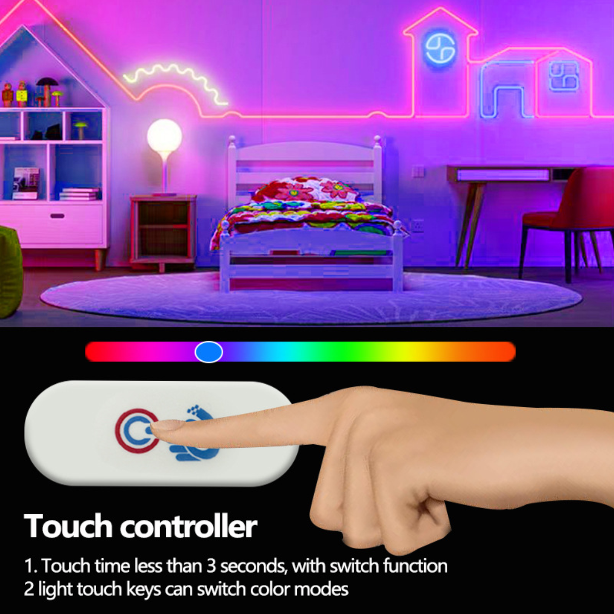 Eine Hand berührt einen Touch-Controller mit einer Schlafzimmer-Szene im Hintergrund. Die Szene hat ein Bett, einen Schreibtisch und Neonlichter.