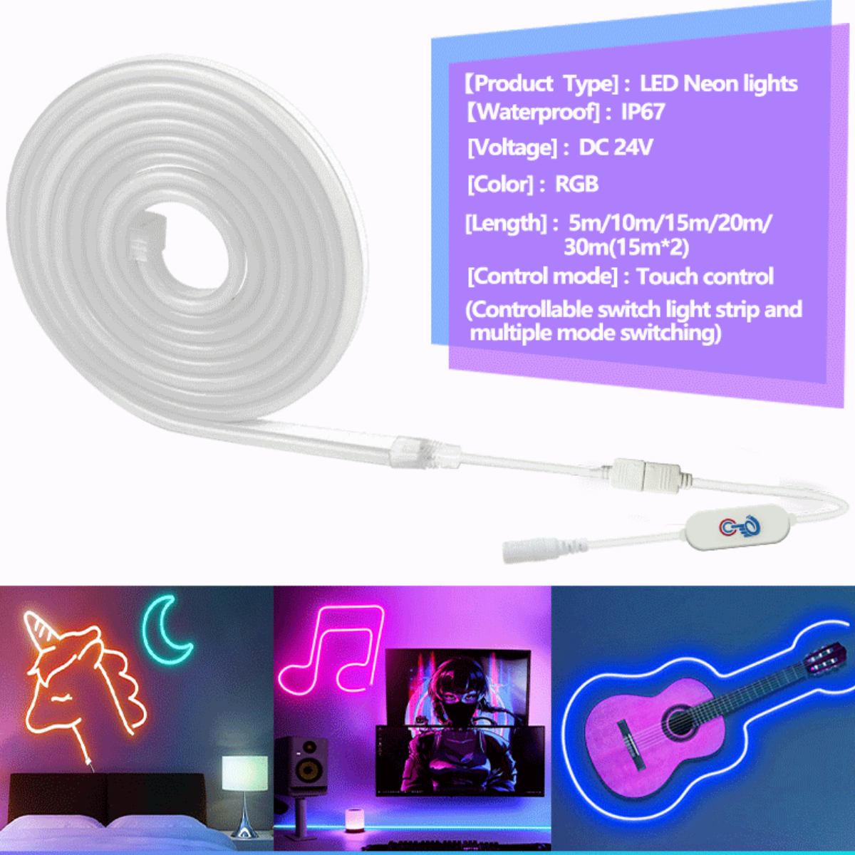 Weiß aufgerollter LED-Neonlichtstreifen mit Spezifikationen. Drei Neonlichtkunstbeispiele: Einhorn, Musiknote und Gitarre.