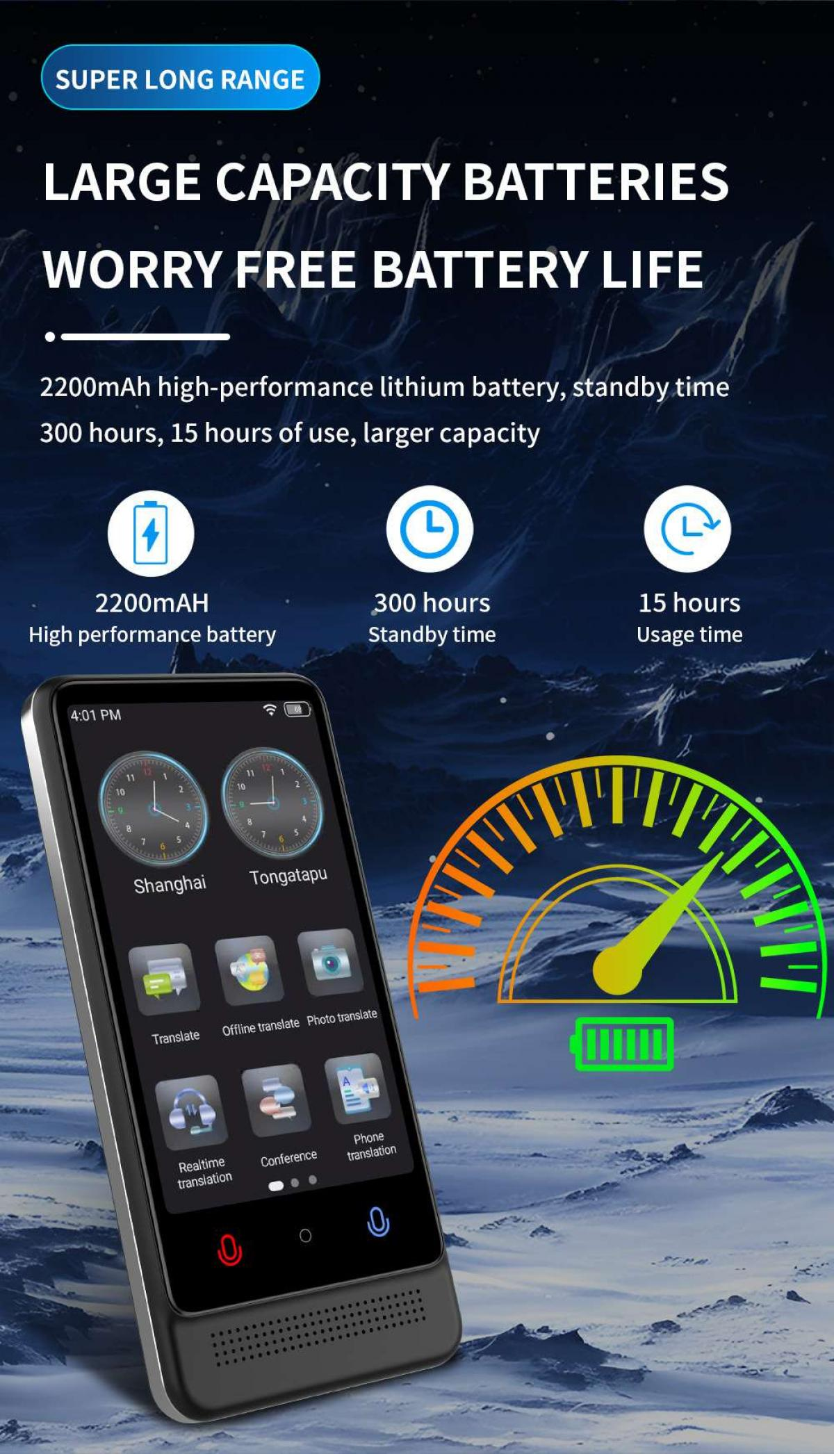 Ein Handheld-Gerät mit einem Bildschirm, der die Zeit in Shanghai und Tongatapu anzeigt. Es hat Batteriedetails und Übersetzungs-App-Symbole.