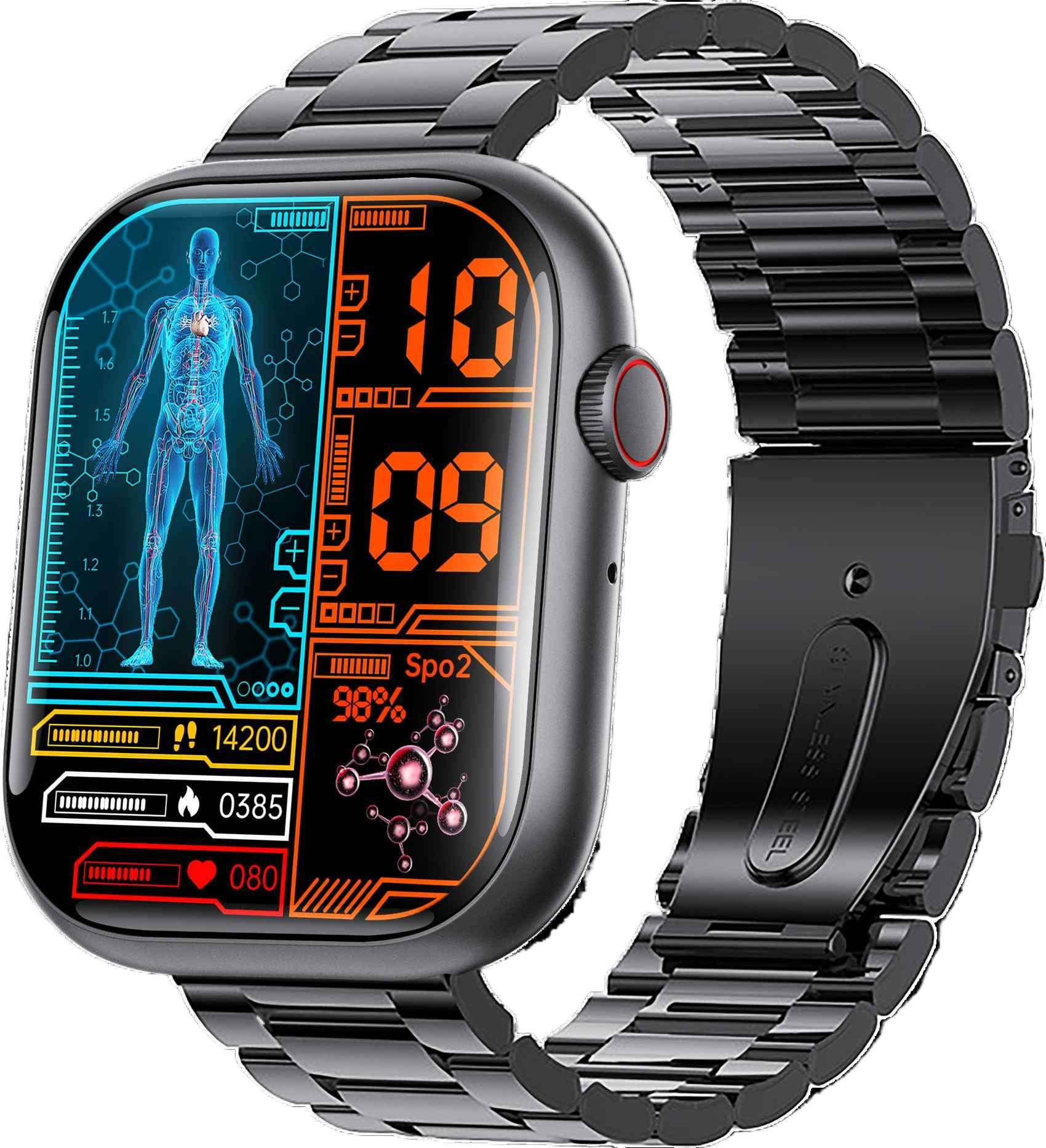 Schwarze Smartwatch mit Gesundheitsmetriken und Körperbild. Die Uhr hat ein schwarzes Metallarmband.