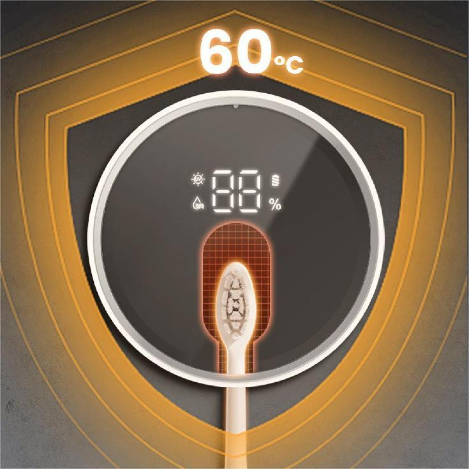 Ein Zahnbürstenkopf befindet sich in einer runden Anzeige. Die Anzeige zeigt 88 % Ladung und eine Temperatur von 60 Grad Celsius.