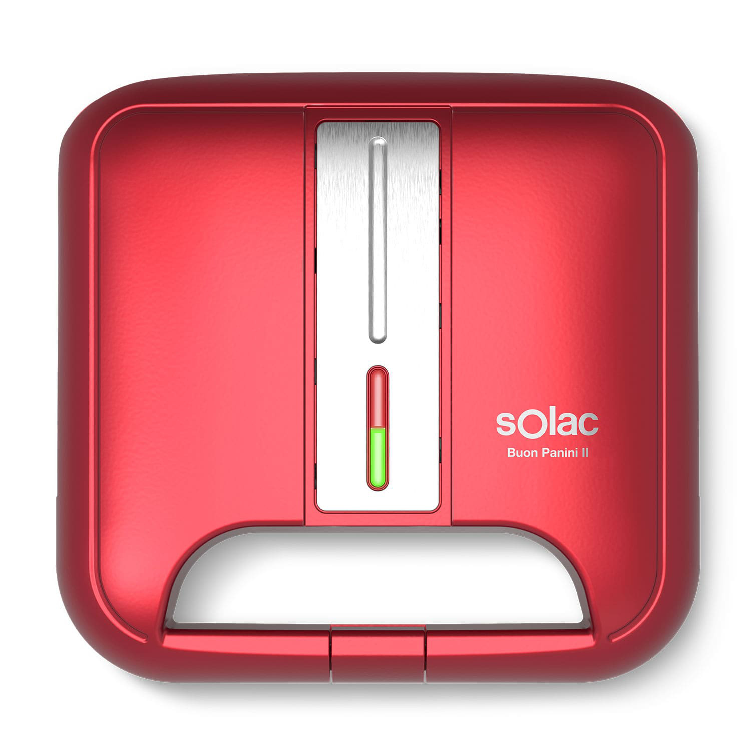 Czerwona prasa do panini. Ma srebrną część centralną z zielonym wskaźnikiem świetlnym. Widoczna nazwa marki 'solac'.