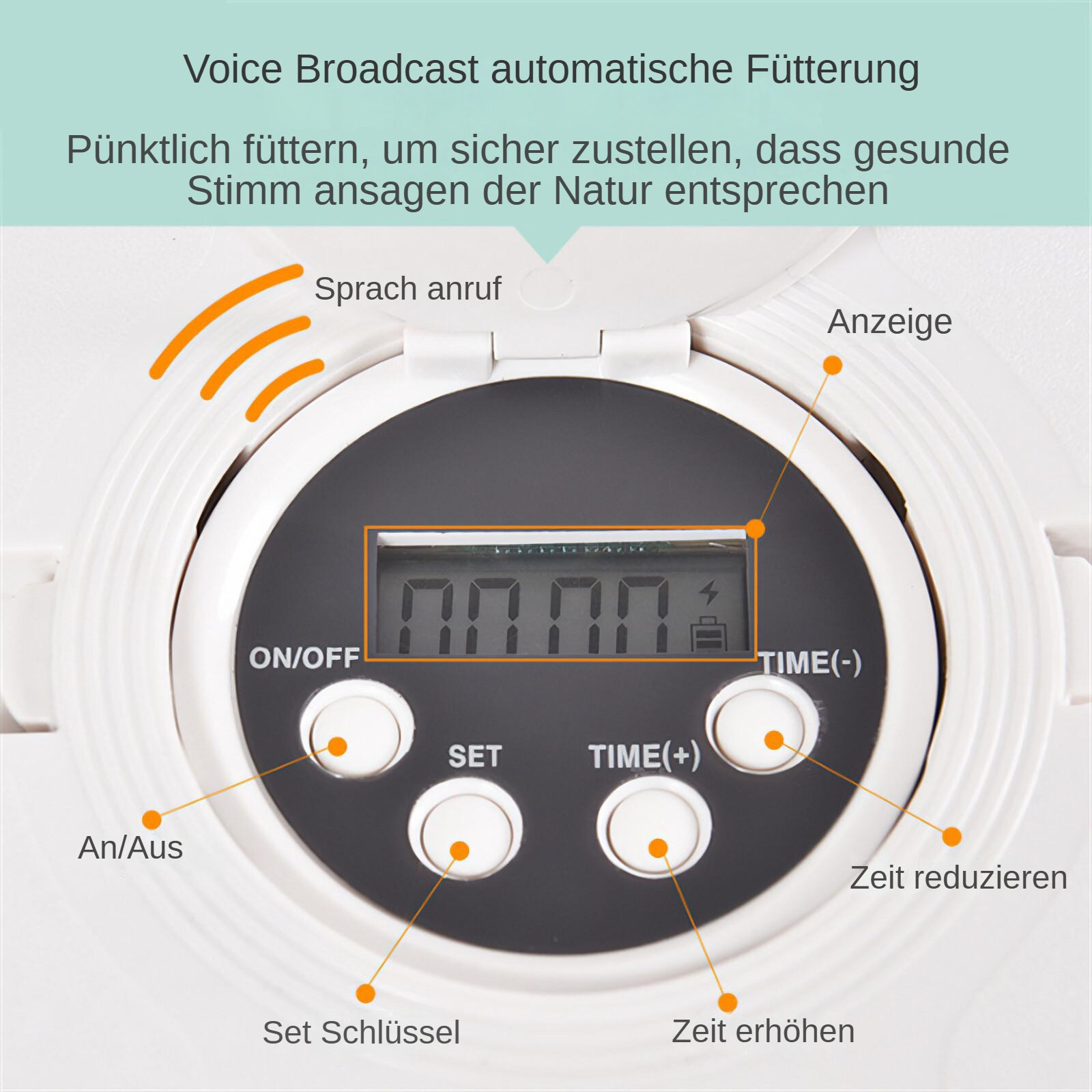 Ein weißer Haustierfutterautomat mit Digitalanzeige, Knöpfen und deutschen Beschriftungen. Er hat ein kreisförmiges Design mit orangefarbenen Akzenten.