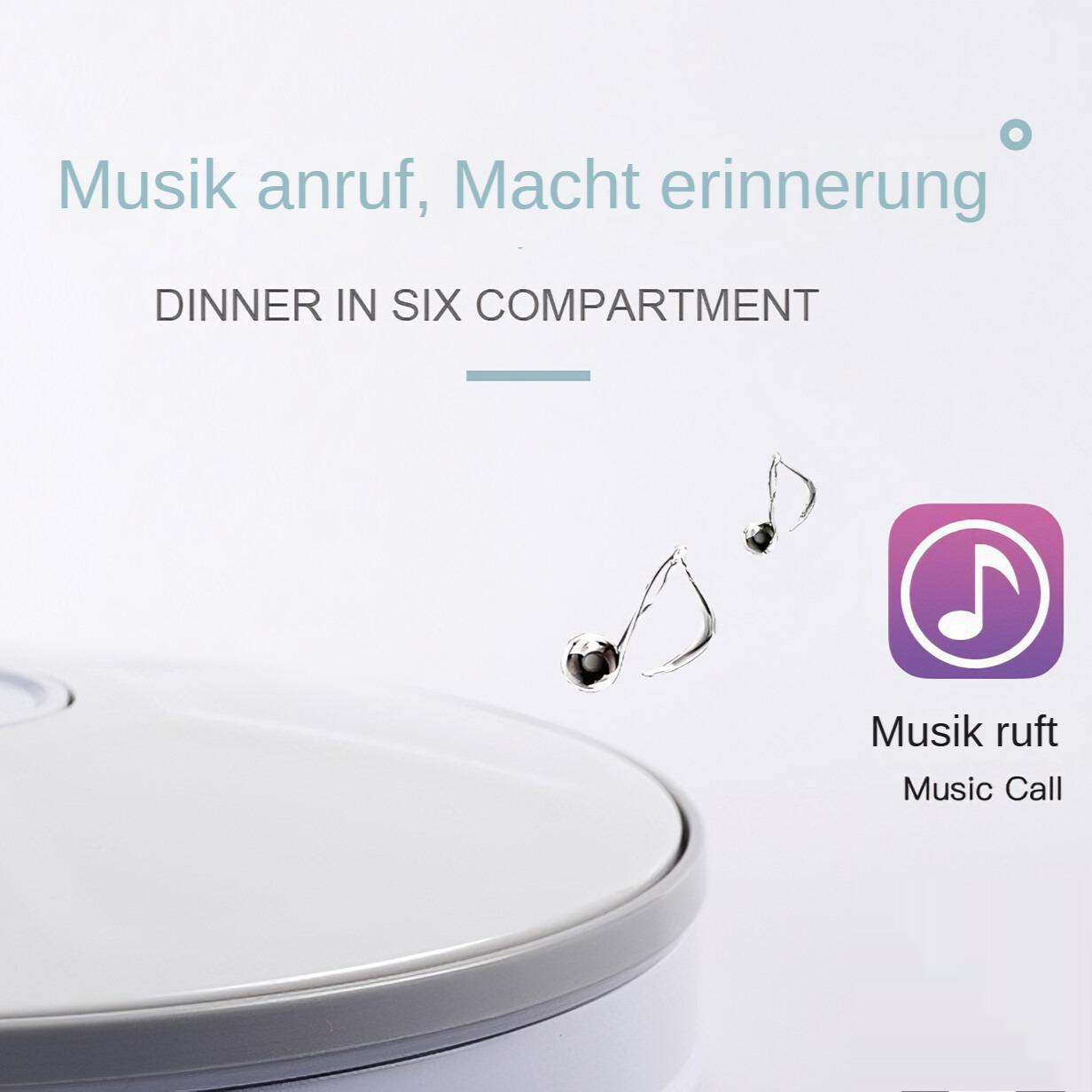 Ein weißes Gerät mit grauem Rand. Darüber sind Text, Noten und ein lila Musik-App-Symbol zu sehen.