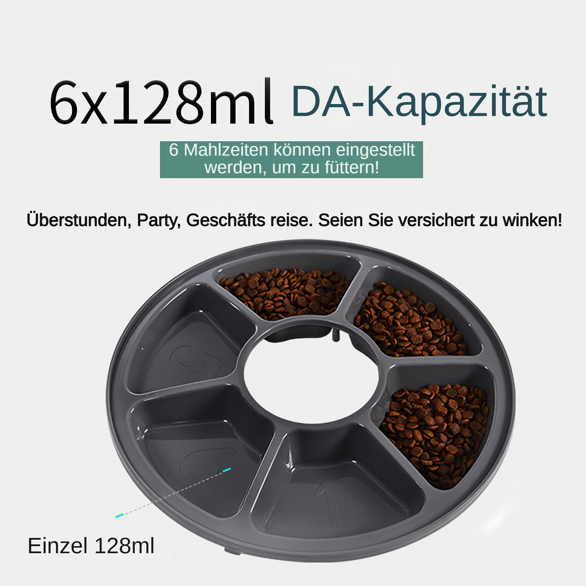 Ein runder, grauer Haustierfutterautomat mit sechs Fächern, gefüllt mit braunem Tierfutter. Der Text oben lautet 6x128ml DA-Kapazität.