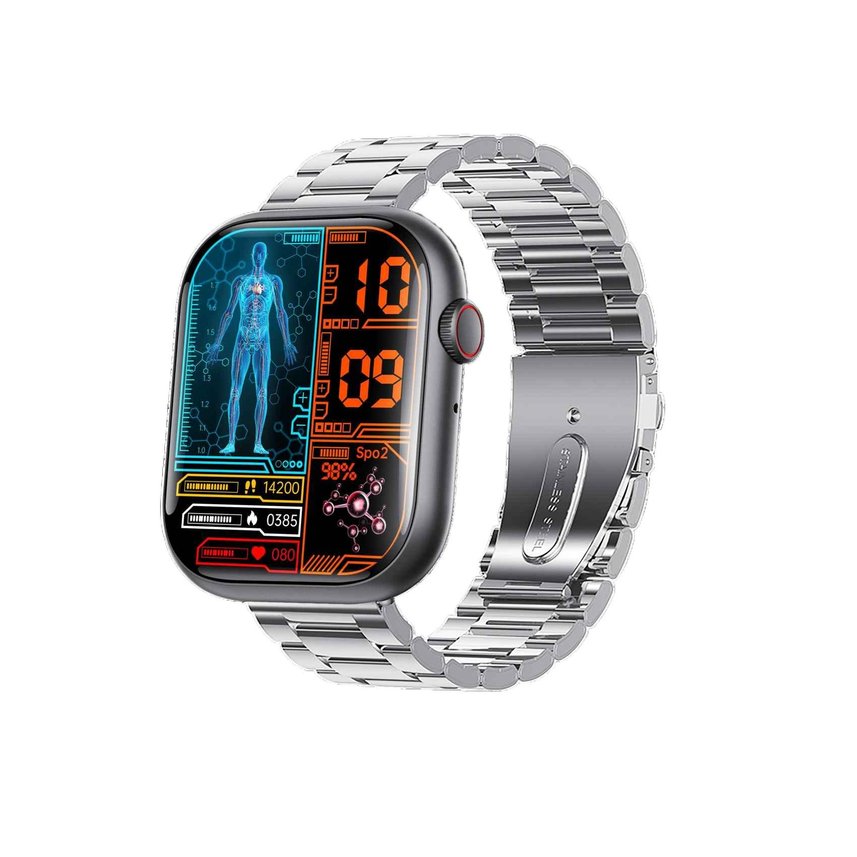 Eine Smartwatch zeigt Gesundheitsmetriken wie Zeit, SpO2 und ein menschliches Körperdiagramm auf einem schwarzen Bildschirm an, mit silbernem Metallband.