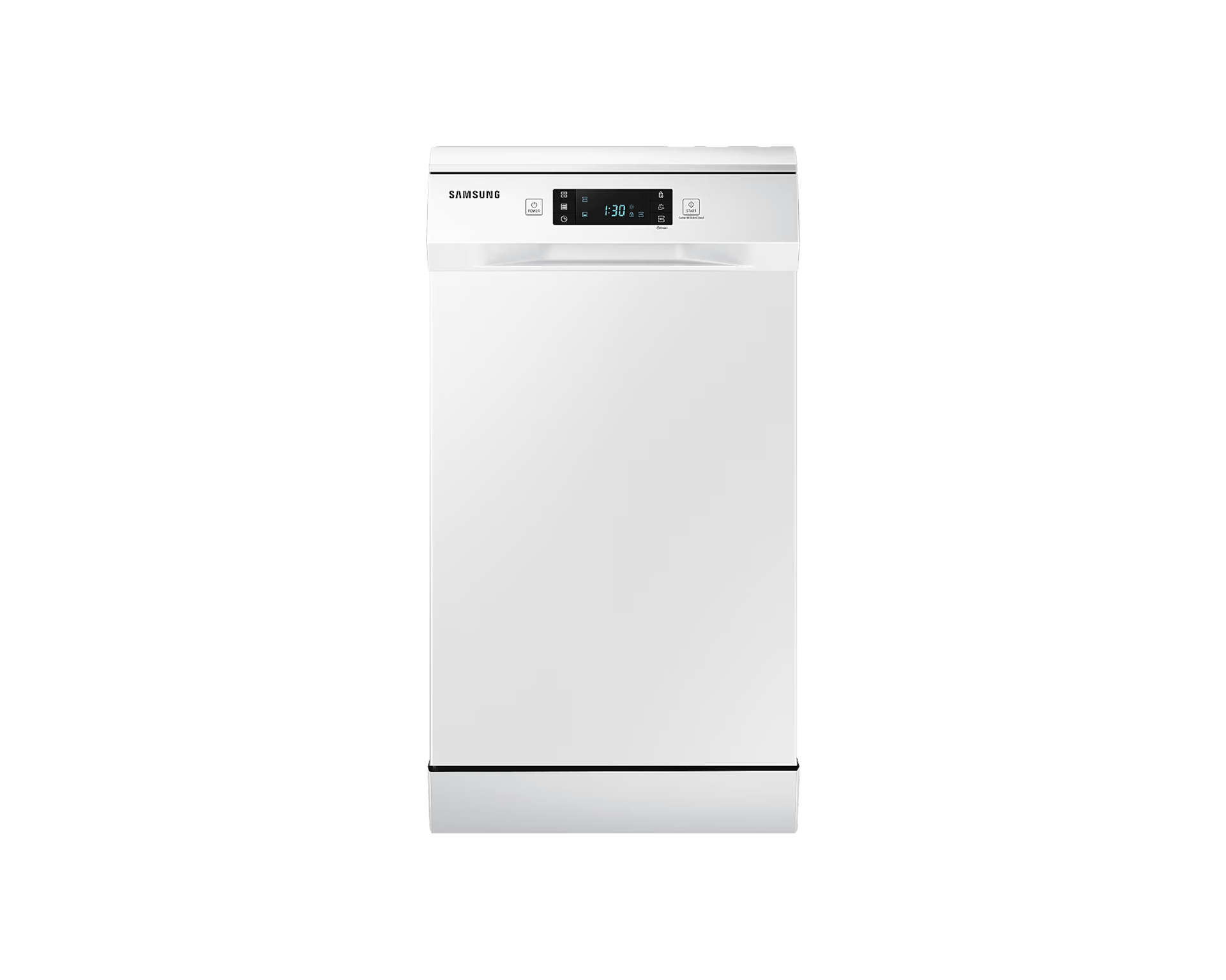 Biała zmywarka Samsung. Ma cyfrowy wyświetlacz pokazujący 1:30. Tło jest czarne.