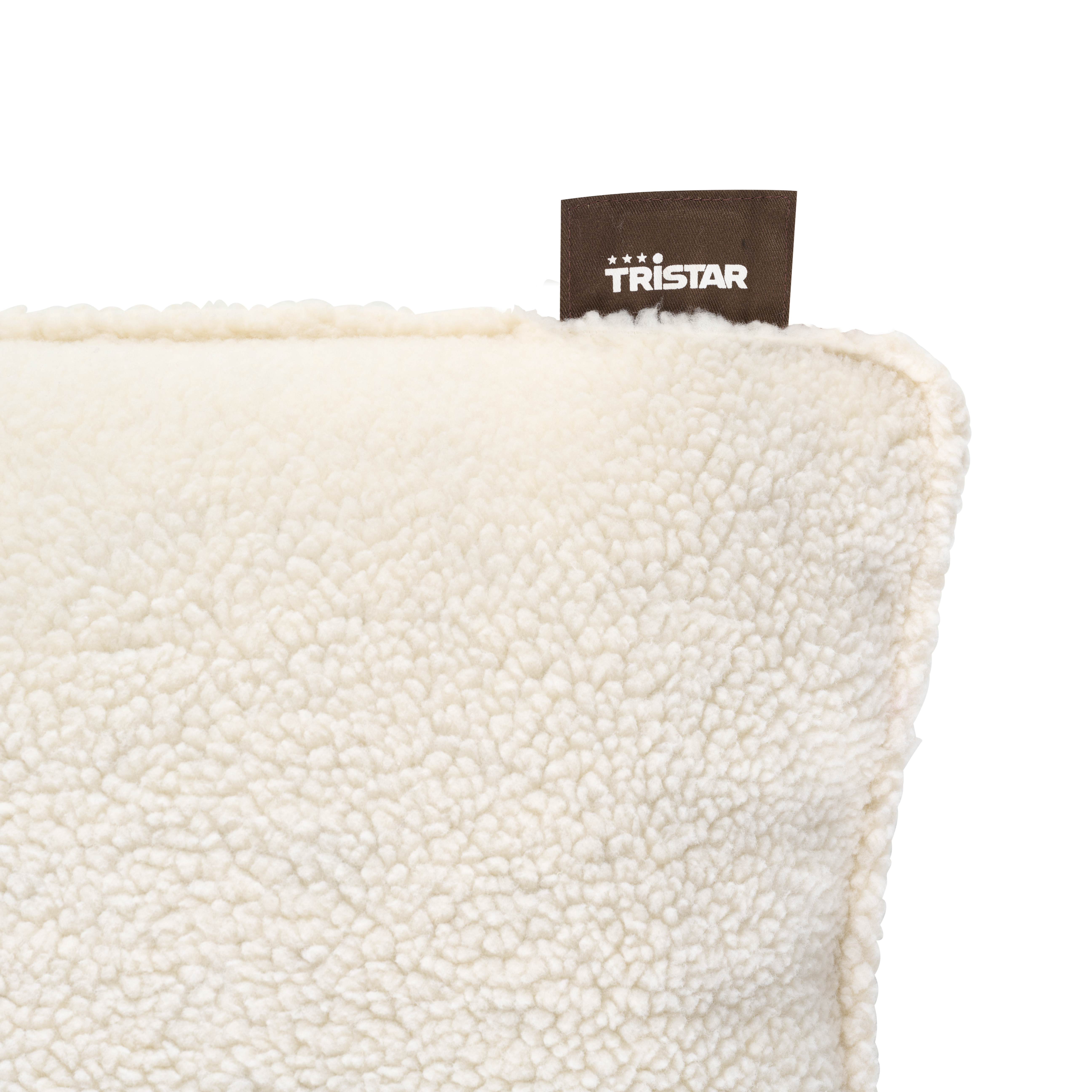 Close-up toont een witte, zachte stof met een donkerbruin label met 'Tristar'.