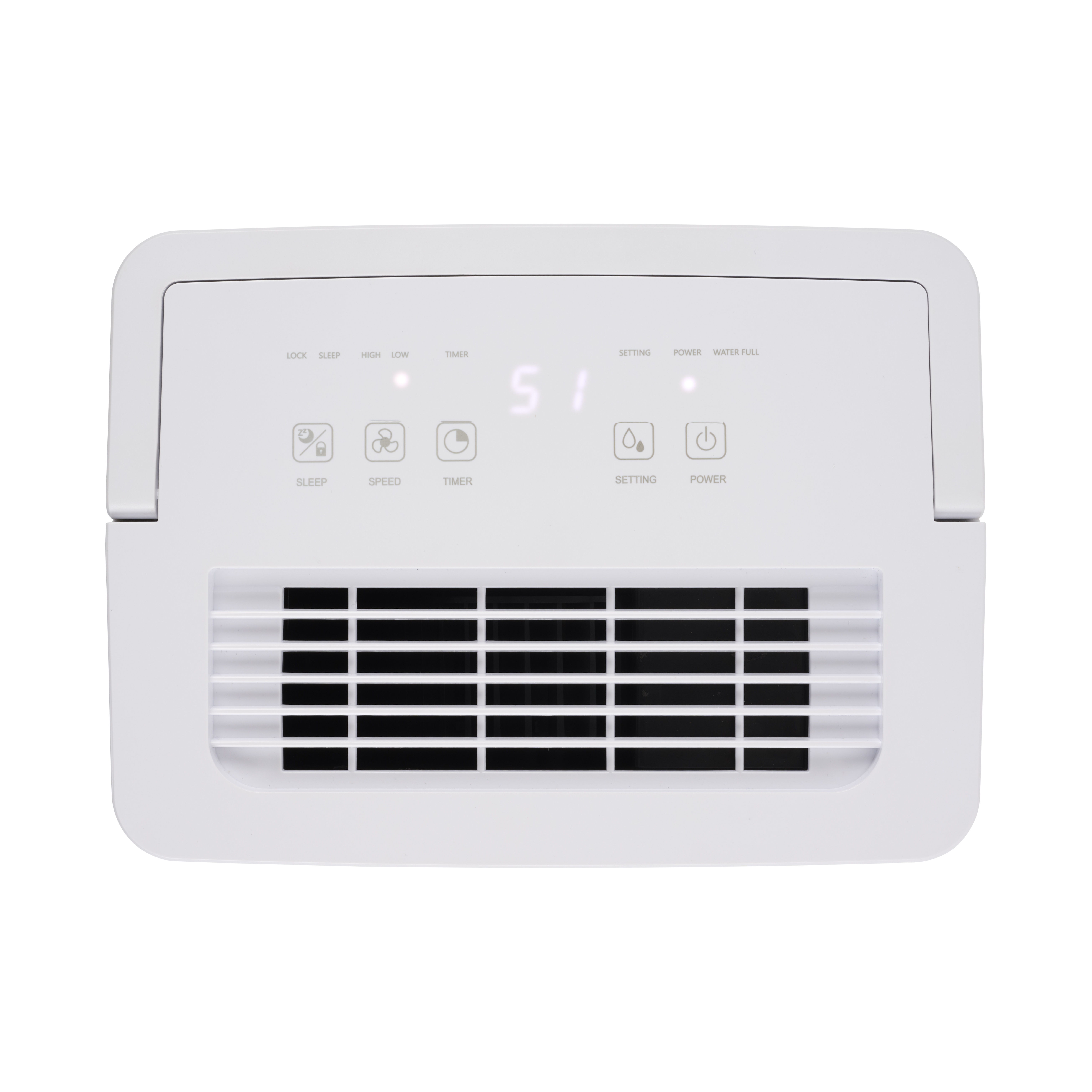 Een witte luchtreiniger met bedieningspaneel. Het geeft het nummer 51 weer. Knoppen voor slaap, snelheid, timer en instelling.