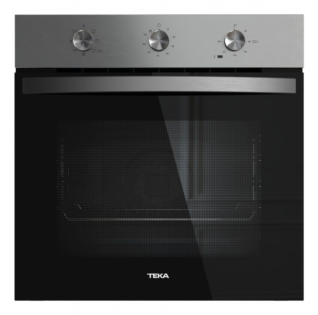 Un forno in acciaio inossidabile con porta in vetro nero. Ha manopole per controllare la temperatura e la funzione. Il marchio 'TEKA' è visibile.