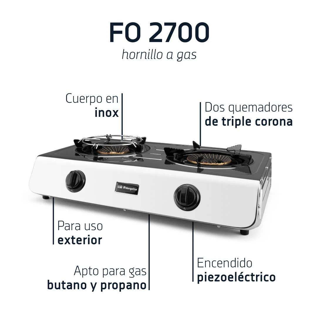 Un fornello a gas a due fuochi con superficie nera e corpo argentato. Ha etichette che indicano caratteristiche come l'uso esterno e l'accensione piezoelettrica.