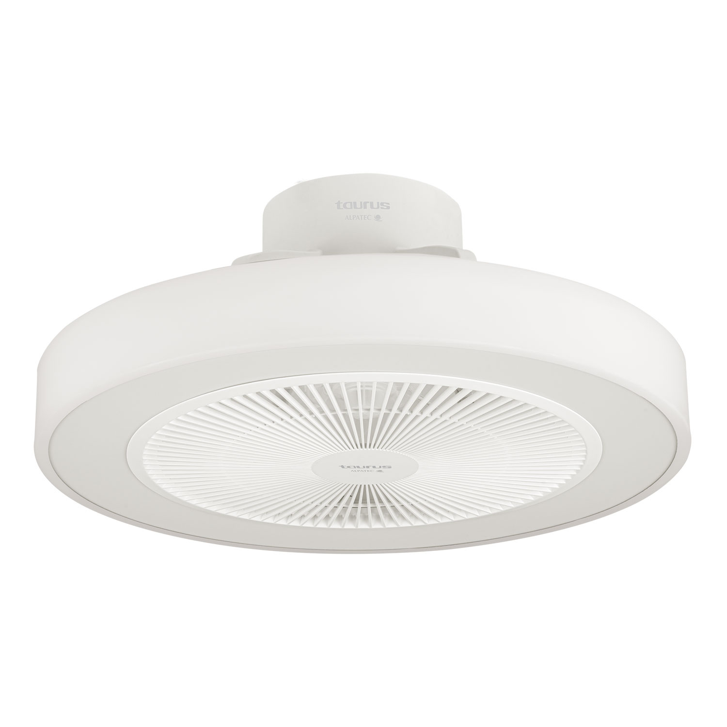 Un ventilador de techo blanco con luz. El ventilador tiene un diseño circular con una rejilla central y un anillo de luz circundante. La marca es Taurus.