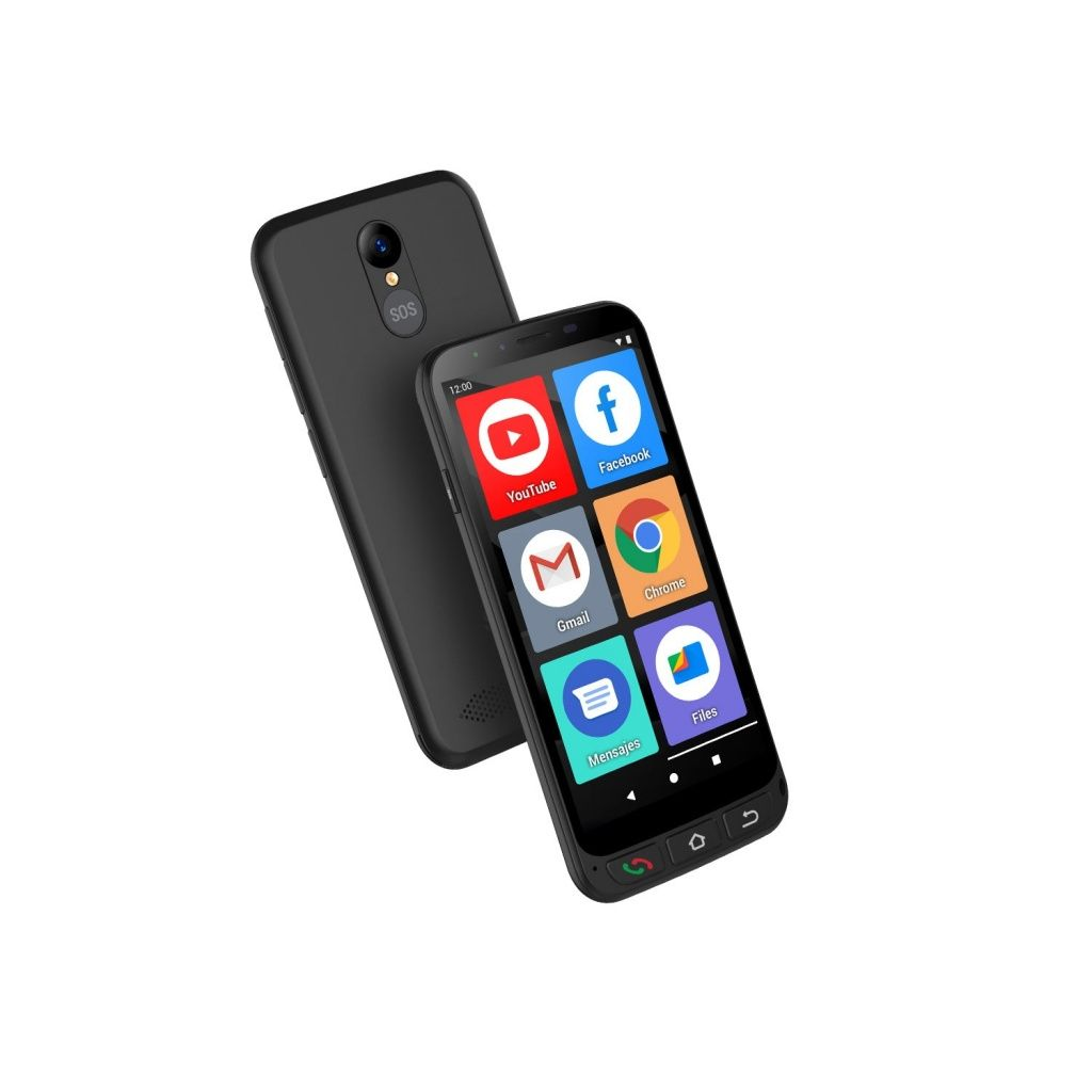 Dos smartphones negros, uno mostrando iconos de aplicaciones (YouTube, Facebook, Gmail, Chrome, Mensajes, Archivos), con botón SOS.