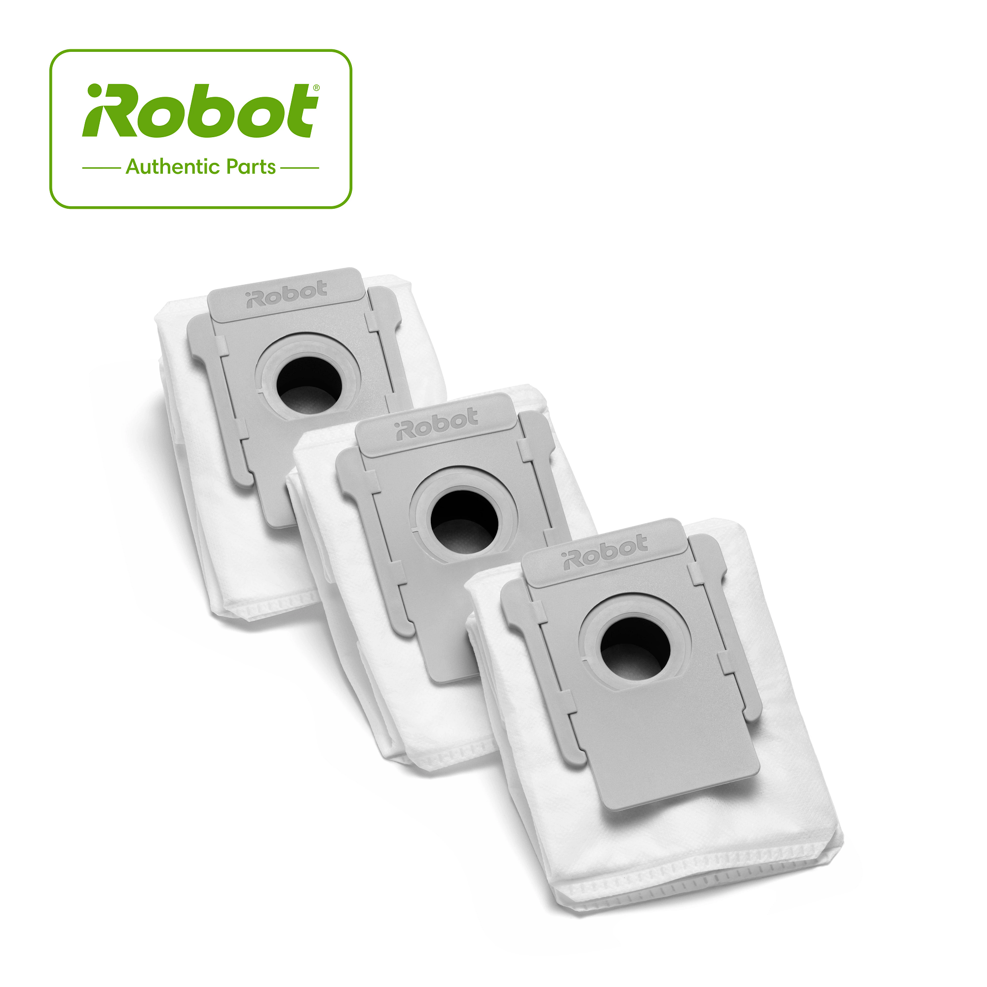 Tre sacchi bianchi per aspirapolvere con coperchi in plastica grigia sono disposti su sfondo bianco. Il logo Robot è in alto a sinistra.