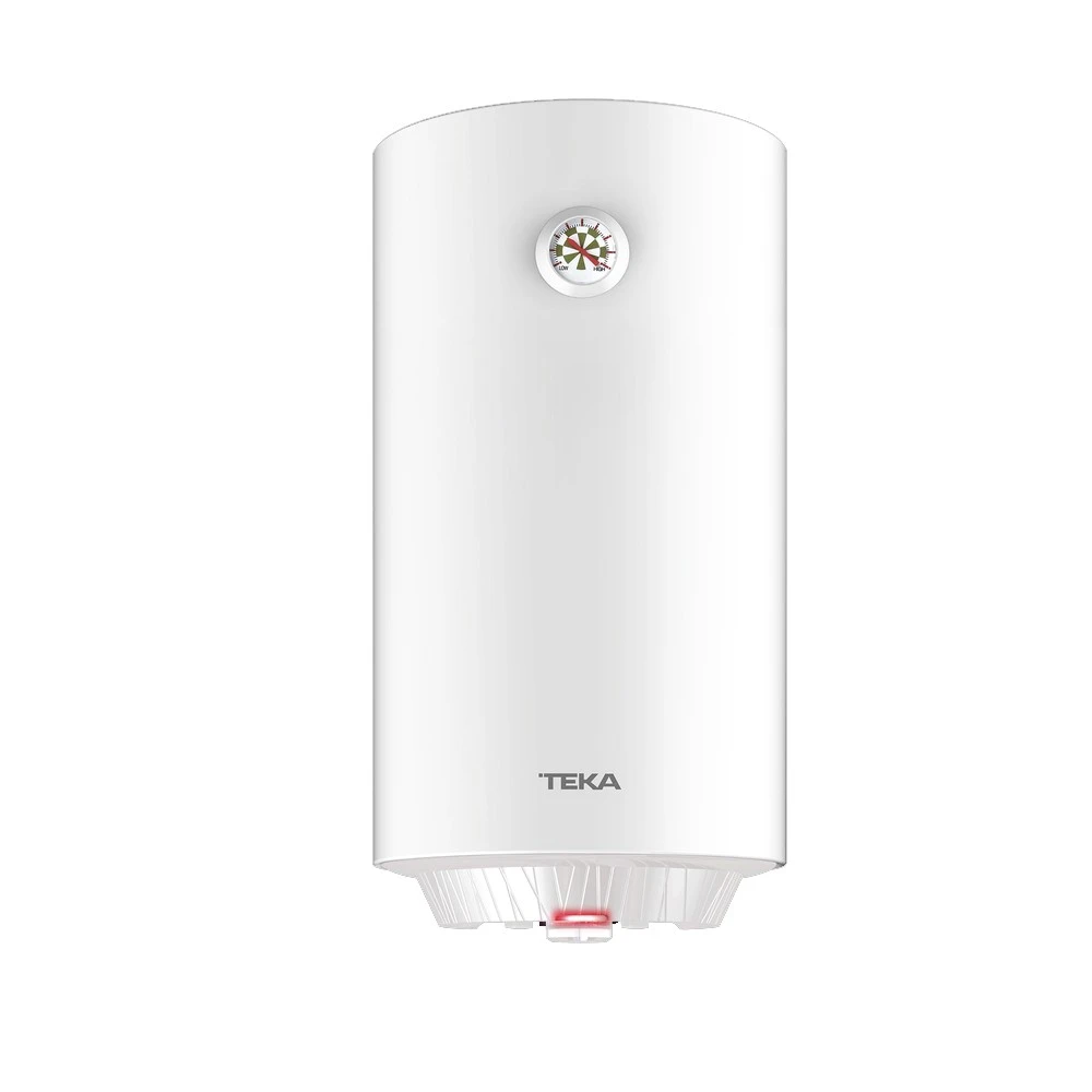 Un calentador de agua blanco con un indicador de temperatura y la marca TEKA. La parte inferior tiene una luz roja.