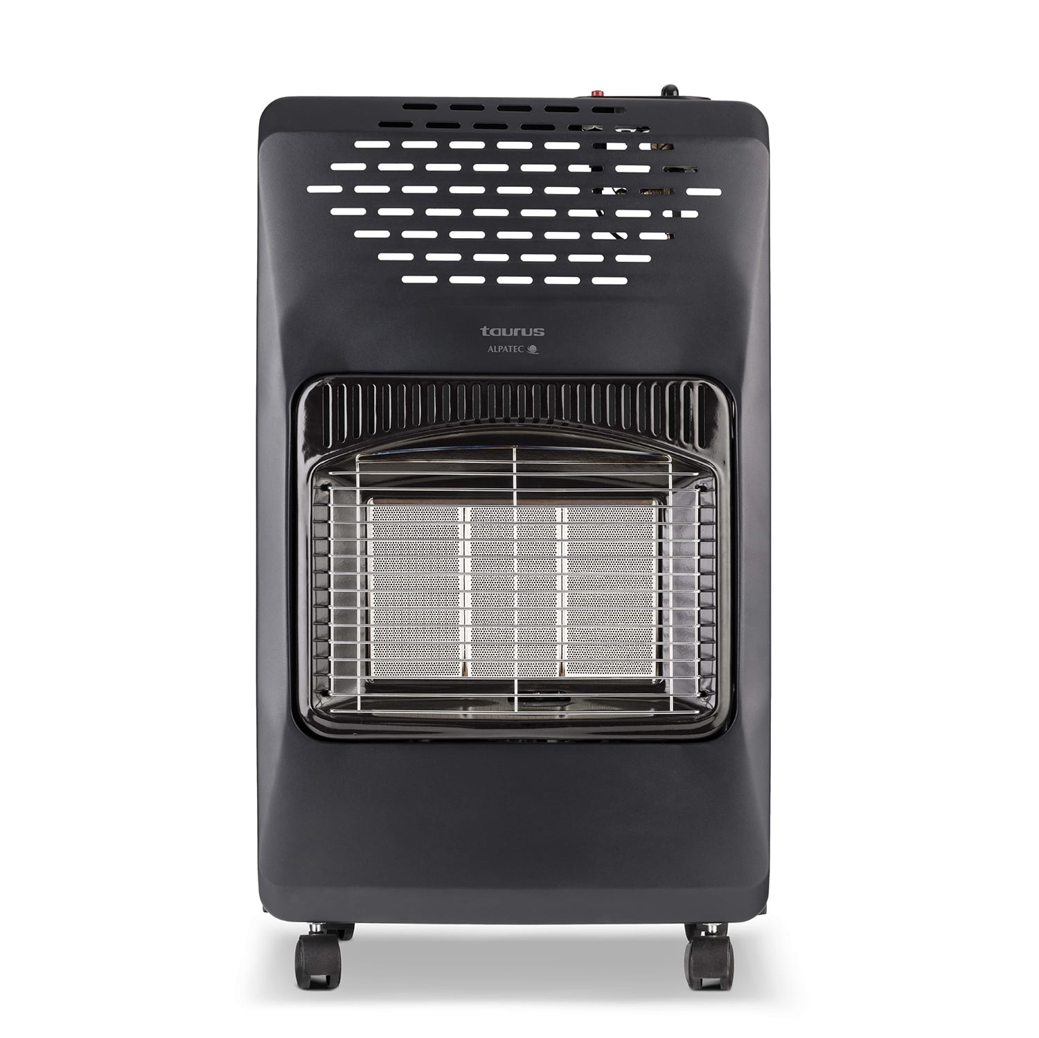 Un calentador de gas Taurus Alpatec negro. Tiene una rejilla frontal, orificios de ventilación y ruedas.