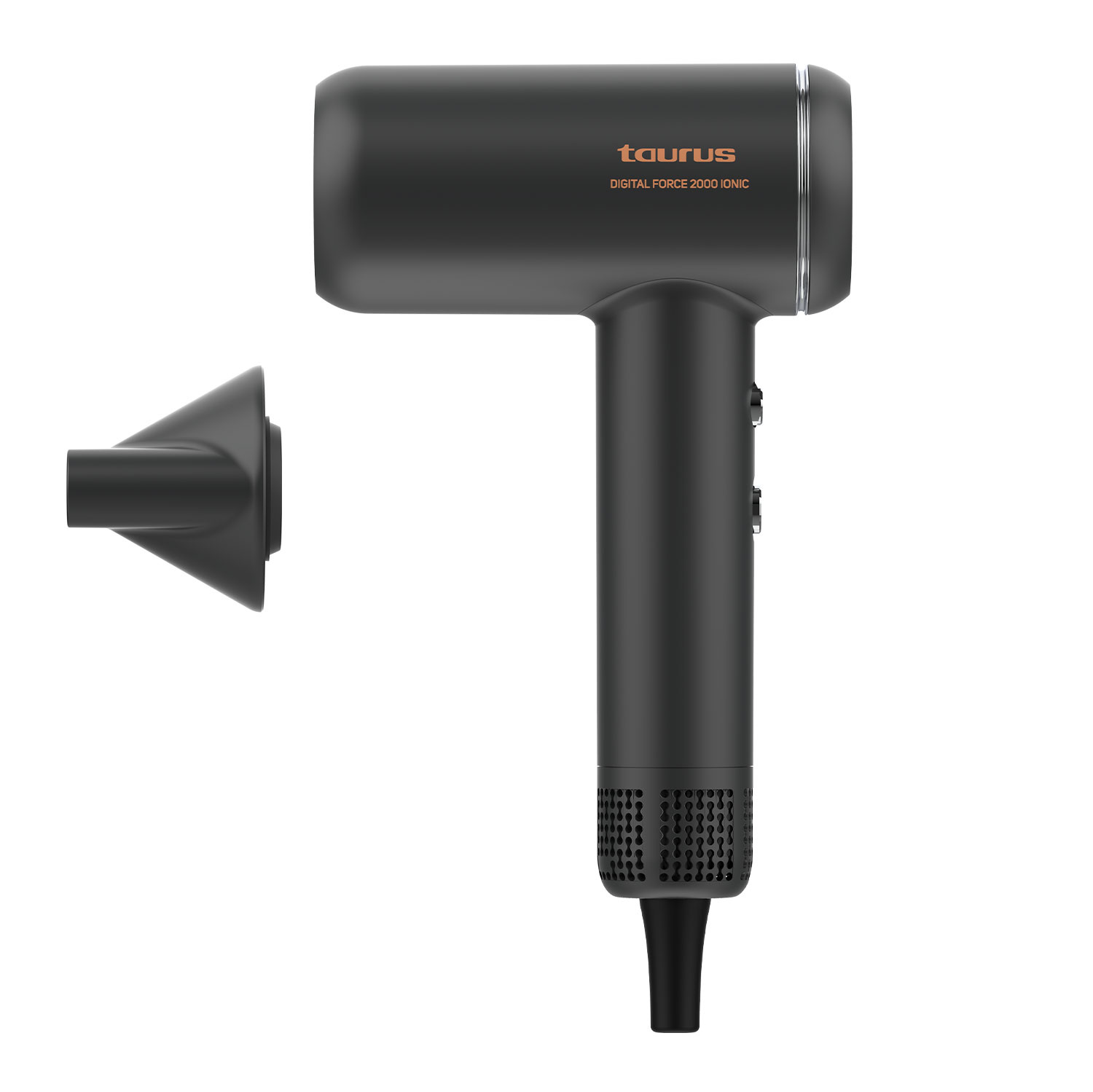 Czarna suszarka do włosów Taurus z nasadką, na białym tle. Tekst na suszarce brzmi 'Digital Force 2000 Ionic'.