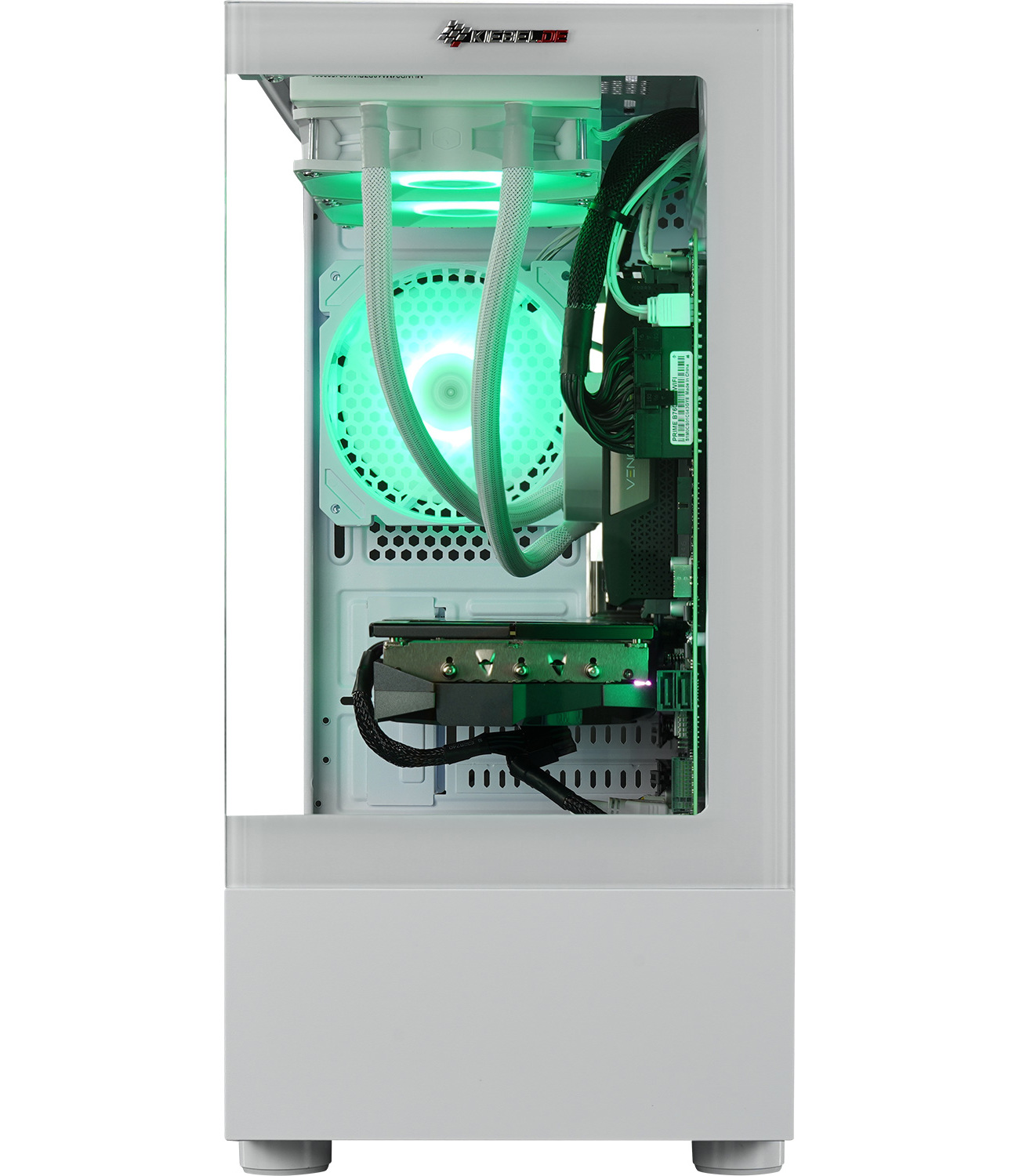 Boîtier PC blanc avec composants internes visibles à travers une vitre, lumières vertes et ventilateurs.