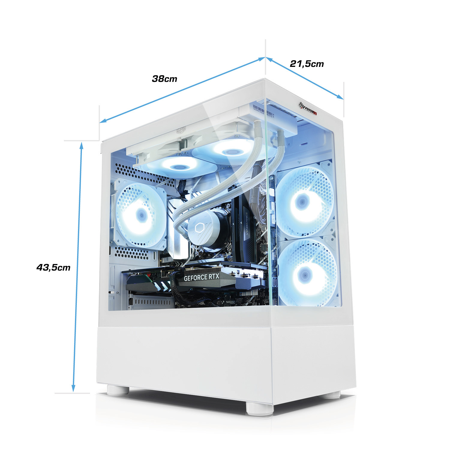 Un boîtier d'ordinateur blanc avec les dimensions affichées. À l'intérieur, des ventilateurs et des composants éclairés sont visibles. Le boîtier a une paroi latérale en verre.