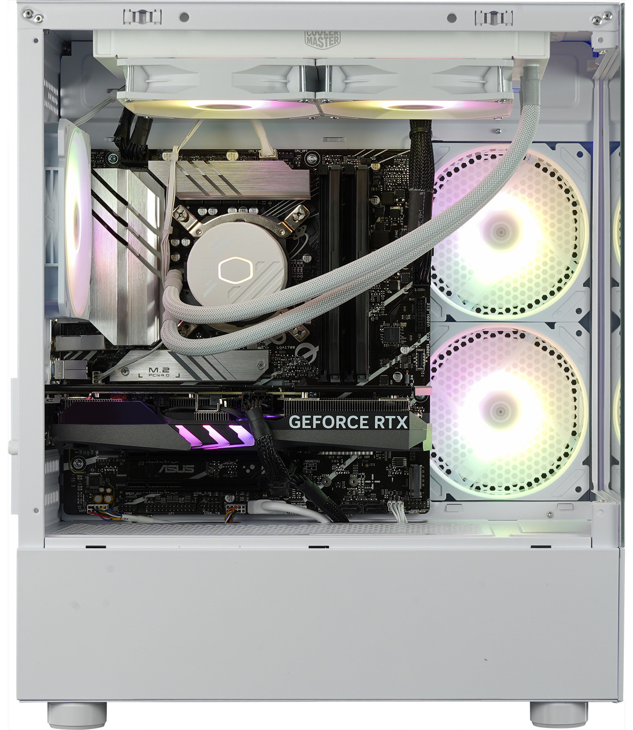Intérieur d'un boîtier PC blanc. Les composants comprennent une carte mère, une carte graphique, un refroidisseur de CPU et des ventilateurs avec éclairage RGB.