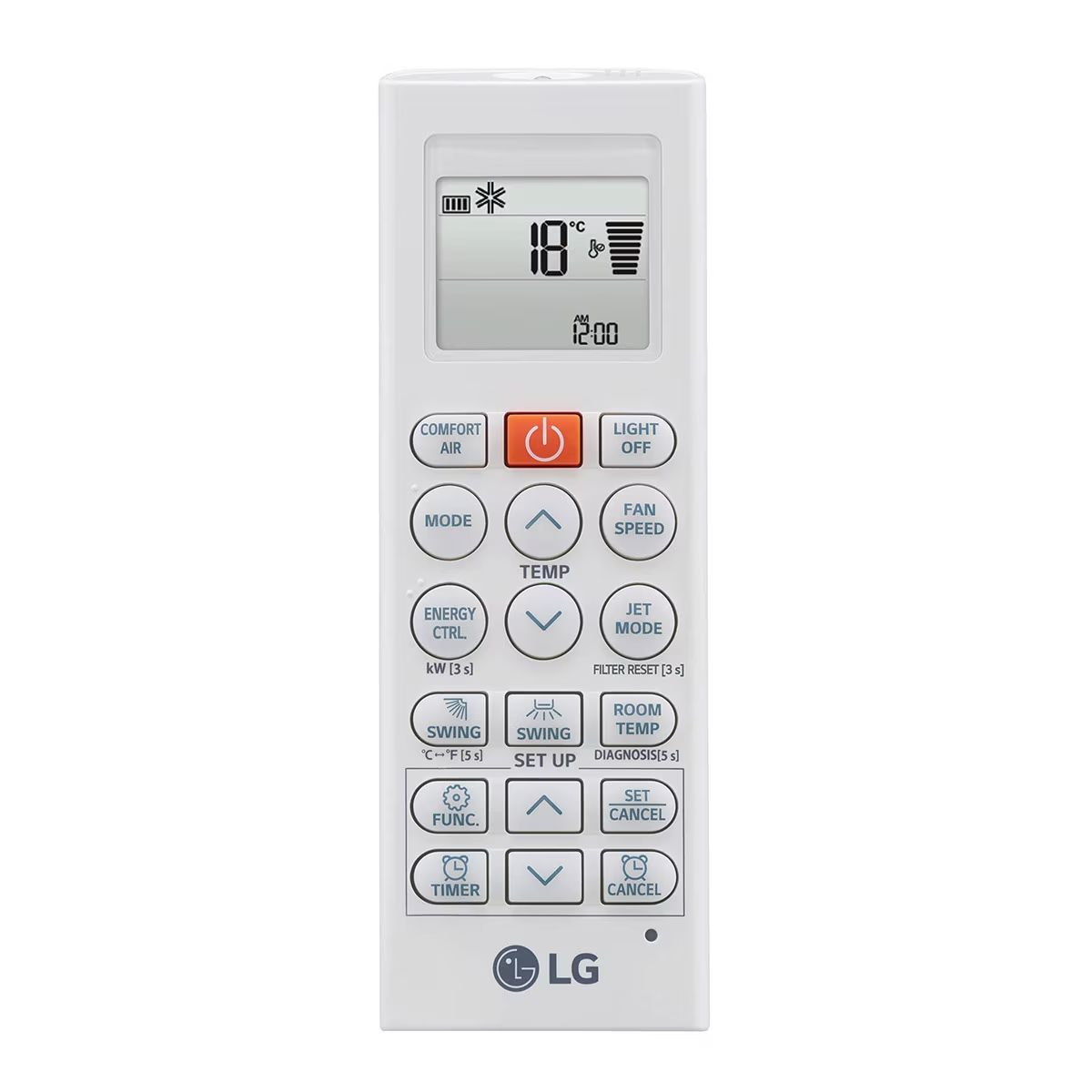 Mando a distancia blanco de LG. Muestra 18°C, 12:00 AM. Botones incluyen encendido, temp, velocidad ventilador, modo, swing, temporizador, etc. Logo LG abajo.